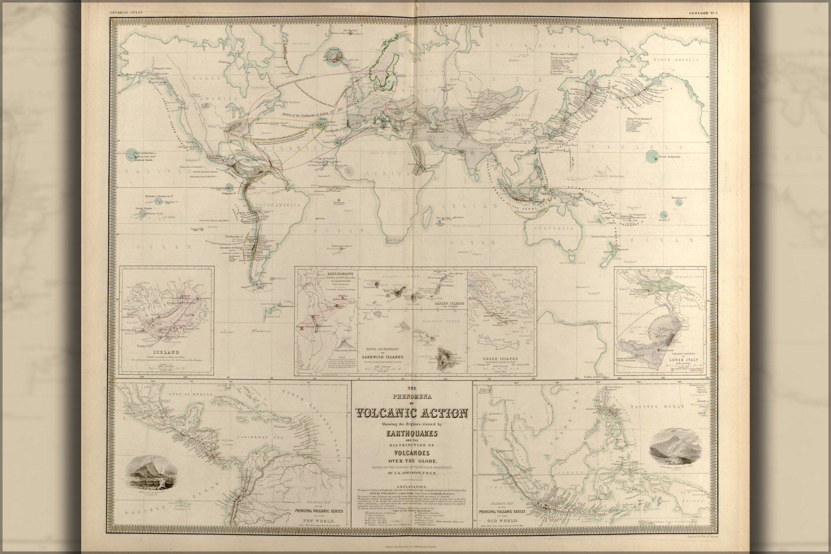 24"x36" Gallery Poster, Volcanology world map of Volcano Action 1848