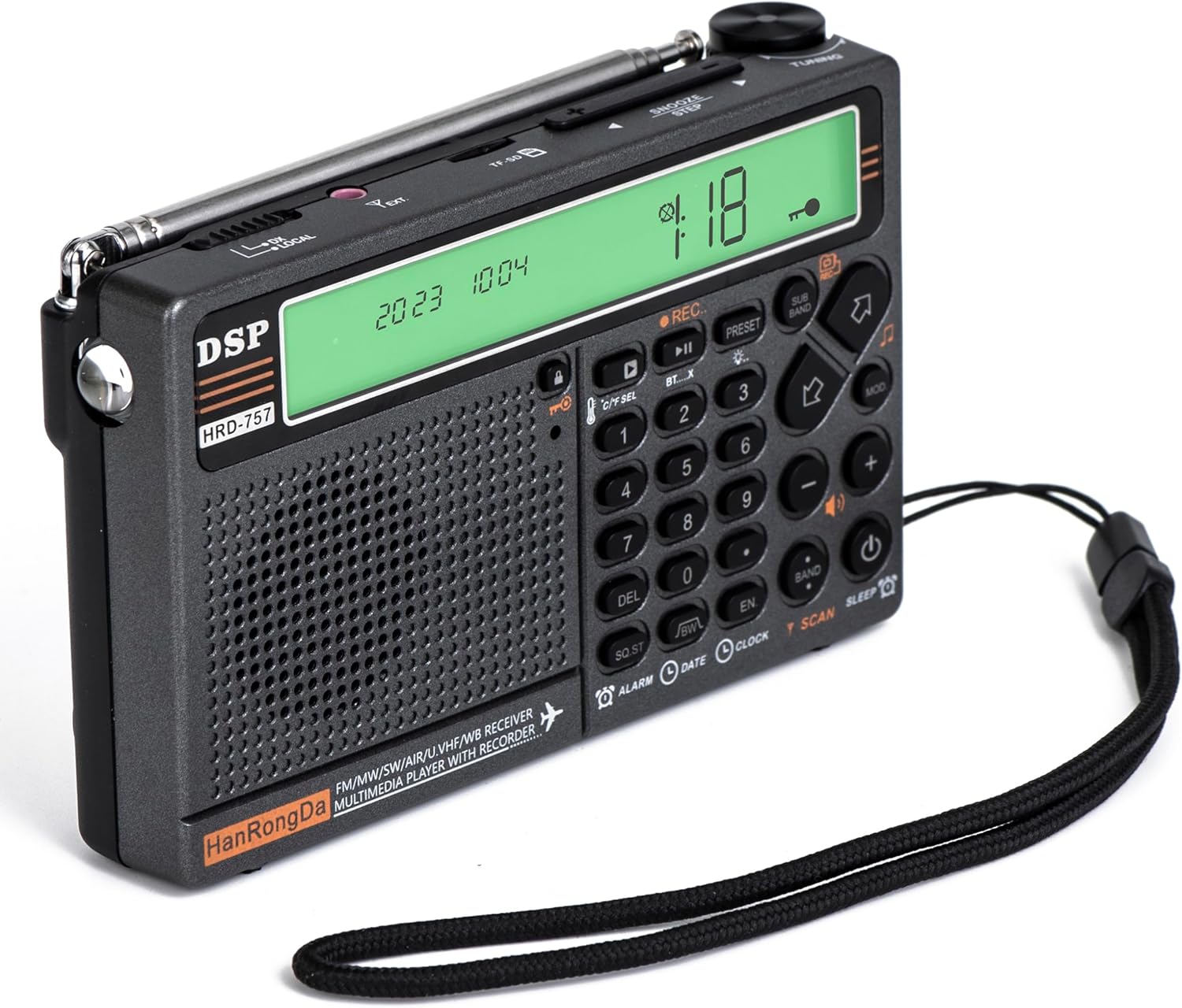 Angled view of HanRongDa HRD-757 radio showing side ports and top controls