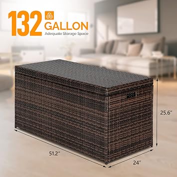 VINGLI Outdoor Wicker Storage Box, 132 Gallon Patio Rattan Deck Box, Wicker Storage Bench for Indoor, Outdoor, Pool, Balcony, Yard, Garden Dark Brown