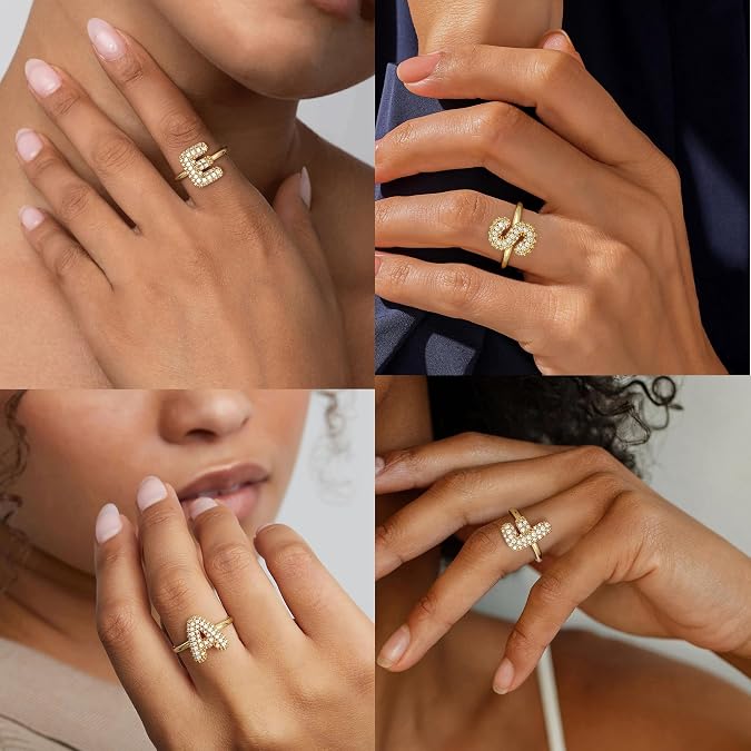 Mujahid Bubble Initial Ring Easter Basket Stuffers for Women, Fade-Proof 14k Gold Stackable Letter A-Z Rings Open Adjustable CZ Personalized Fashion Trendy Statement Jewelry
