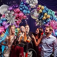 Vista 6 de FOTIOMRG Kit de arco de globos de discoteca de 135 piezas con globos de bola de discoteca, globos metálicos plateados, azul, verde, morado, rosa