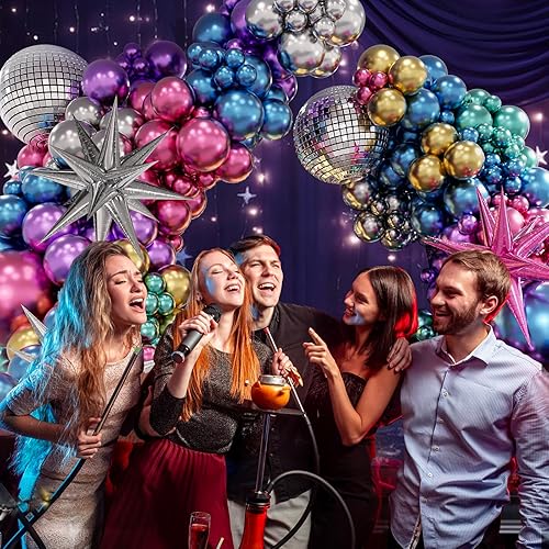 Miniatura 6 de FOTIOMRG Kit de arco de globos de discoteca de 135 piezas con globos de bola de discoteca, globos metálicos plateados, azul, verde, morado, rosa