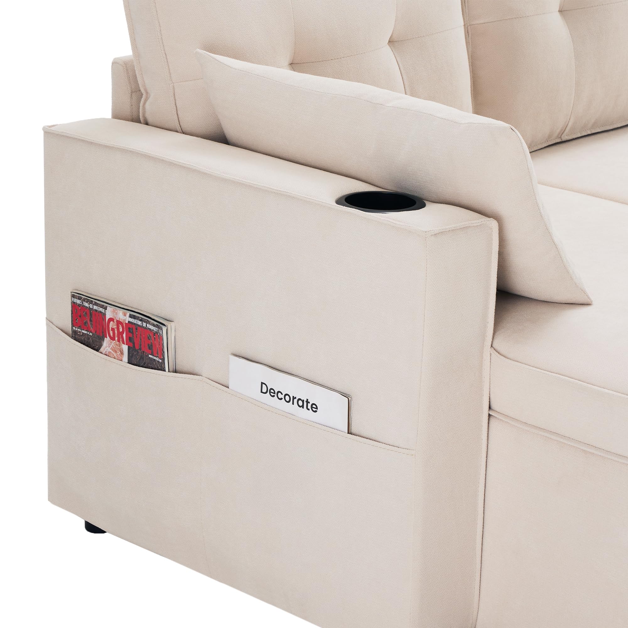 Lcoho Sofá cama con función de dormir, sofá en forma de U, sofá tapizado, tela de algodón y lino, con soporte para bebidas, espacio de almacenamiento, adecuado para familias, salones, etc.