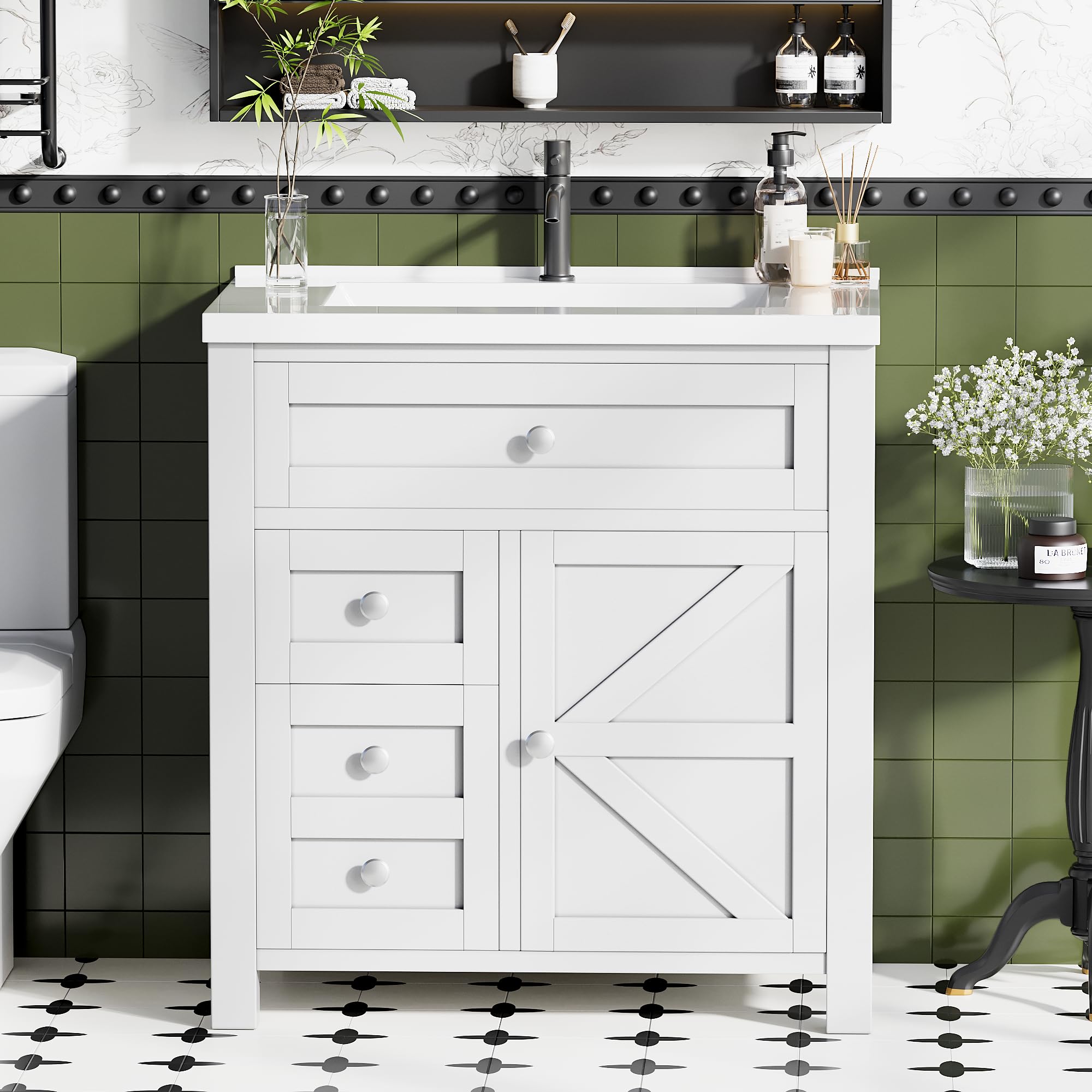 Photo 1 of JUMMICO 30'' Bathroom Vanity with Single Sink Combo, Freestanding Modern Bathroom Sink Cabinet, 2 Drawers & 1 Flip-Down Drawer?1 Door with Side Storage (White)