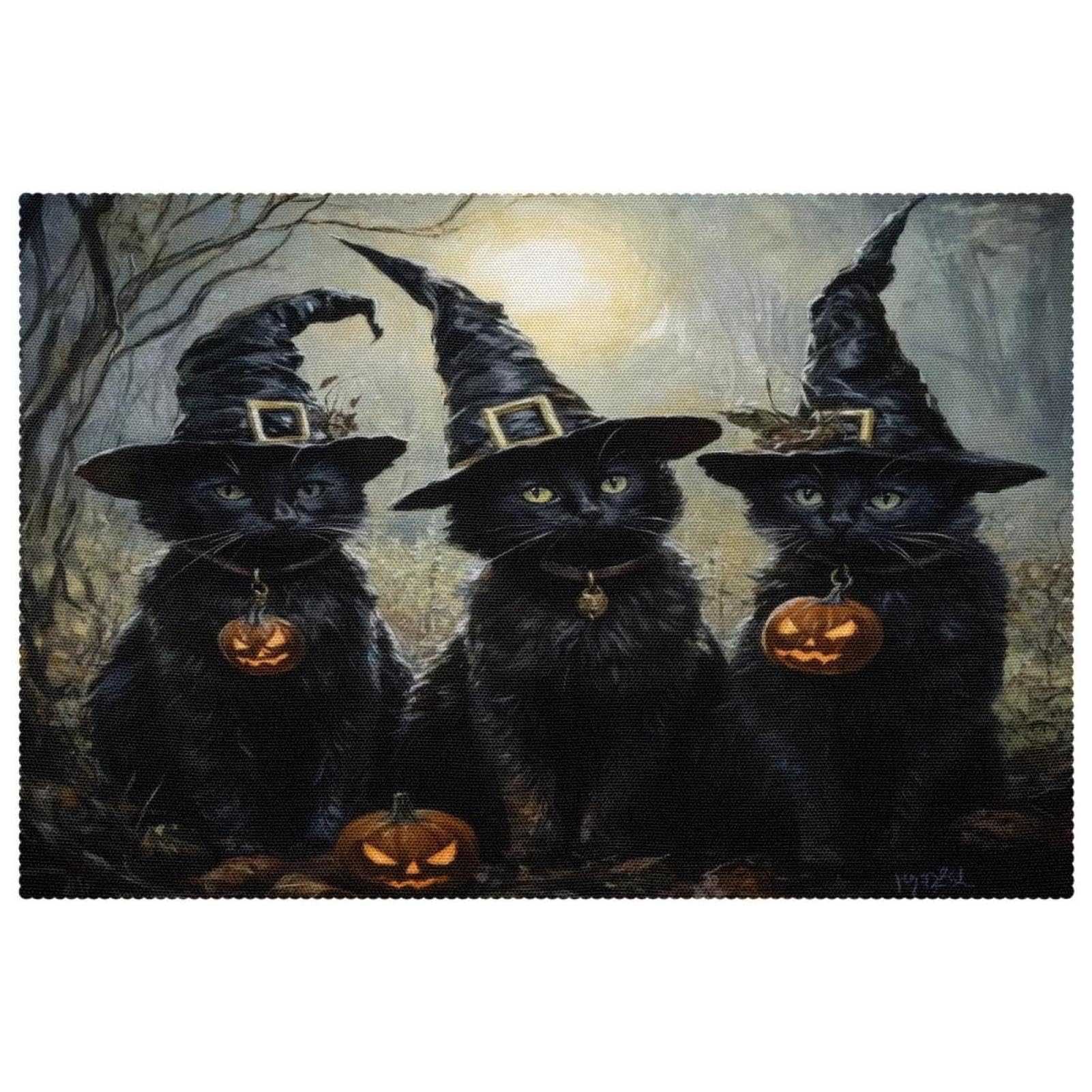 Set de table chat noir et citrouille d'Halloween antidérapant, lot de 6, 30x45 cm