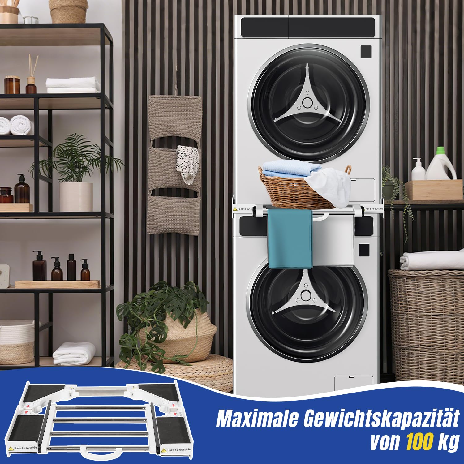 Zwischenbaurahmen Trockner Waschmaschine mit Schublade EU Designpatent, Universeller Verbindungsrahmen aus Stahl Kunststoff, Tragkraft 100kg, Einfache Montage für 54-73cm Geräte