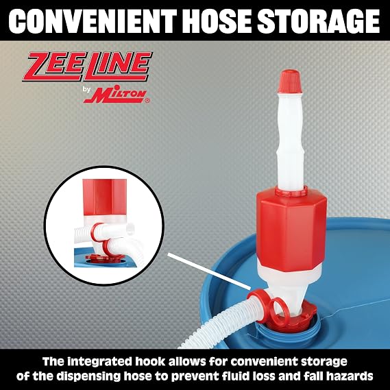 Zeeline By Milton ZE369W, Siphon Drum Pump, Manual Siphon pump with flexible 48 hose,7 Gallons Per Minute, Transfer Liquids from 55Gallon Drums or Smaller, Def Drum Pump,(Polyethylene/Polypropylene)