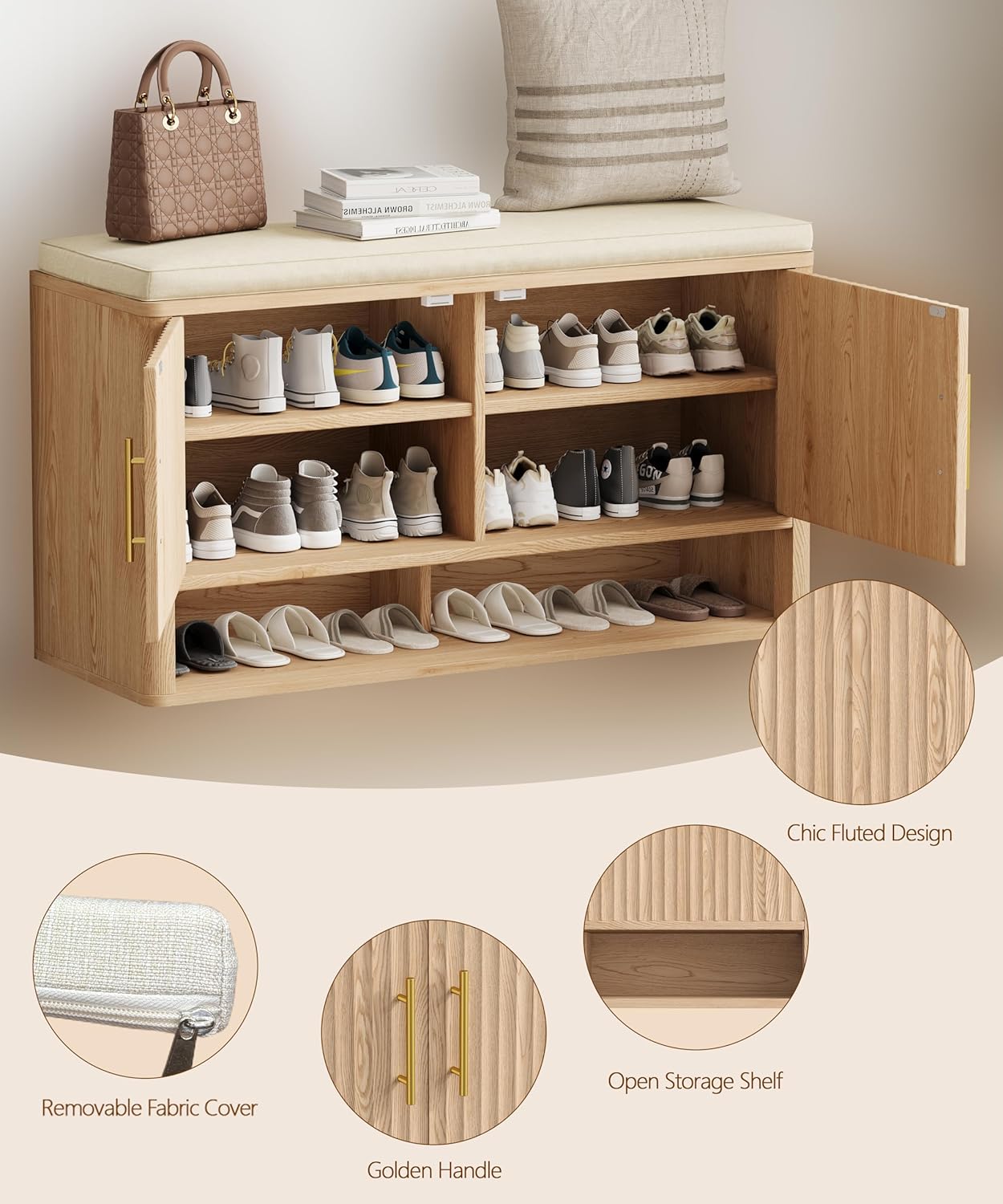 Fluted Shoe Storage Bench with Cushion, Entryway Bench with Adjustable Shelves and Open Bottom Shelf, Hidden Shoe Cabinet Storage for Entryway, Hallway, Living Room, Bedroom, Natural Oak
