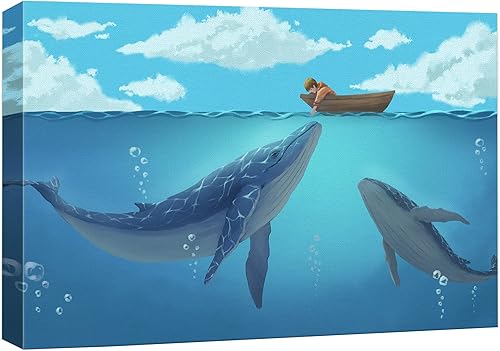 Dibujo a mano estilo niño místico en el barco en el océano con ballenas azules Galería 16 x 24 pulgadas