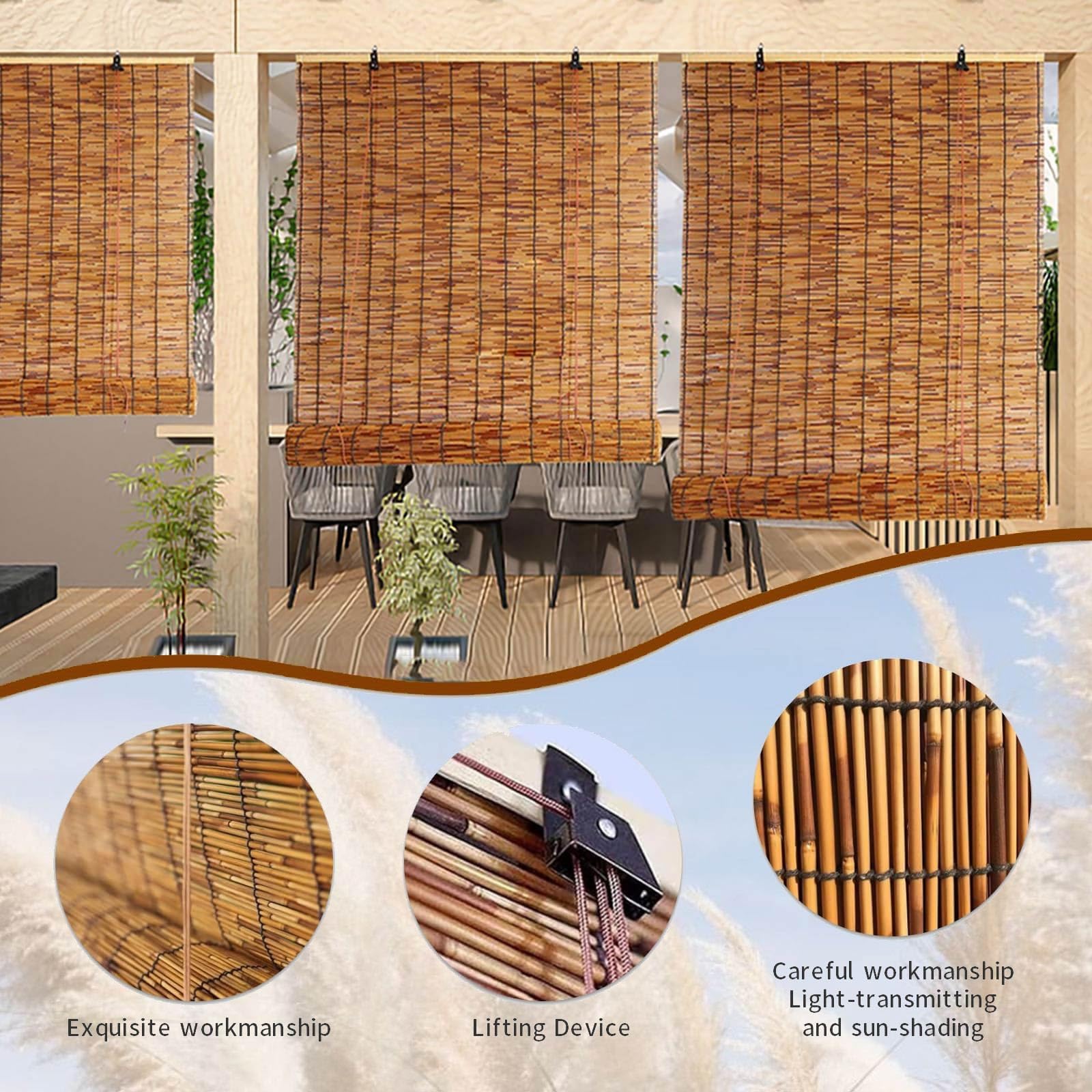 Store Bambou Extérieur pour Terrasse et Balcon, Store Enrouleur en Roseau Naturel, Brise Vue pour Pergola, Véranda et Jardin, Store Décoratif pour Fenêtres et Espaces Extérieurs(W150 x H260 cm)