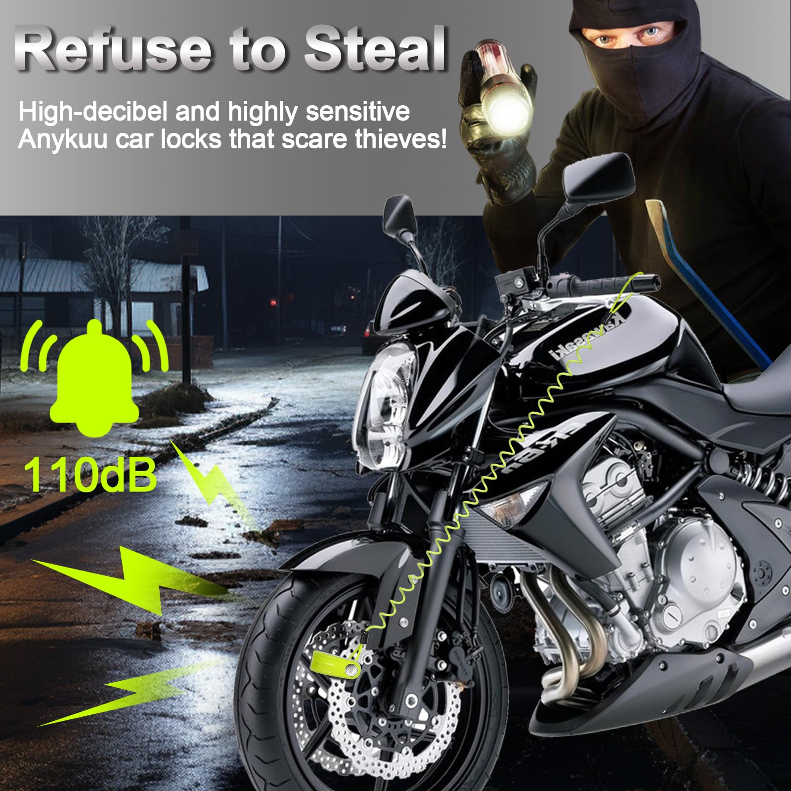 Anykuu Lucchetto Antifurto Moto Bloccadisco Moto Impermeabile Portatile da 7 mm con Allarme Sonoro 110DB e 1.5m Reminder Cavetto per Scooter Allarme Bloccadisco Bici