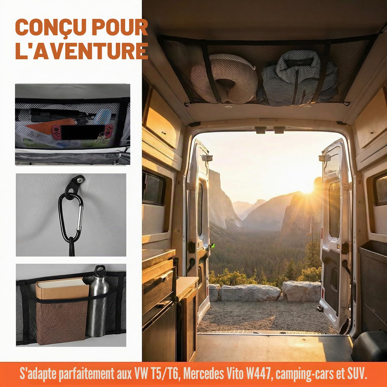 Filet de Rangement de Voiture pour Toit d'installation VW T5 T6, Élastique Filet de Rangement de Poche Oganizer de Rangement pour Camping Car avec 4 Crochets