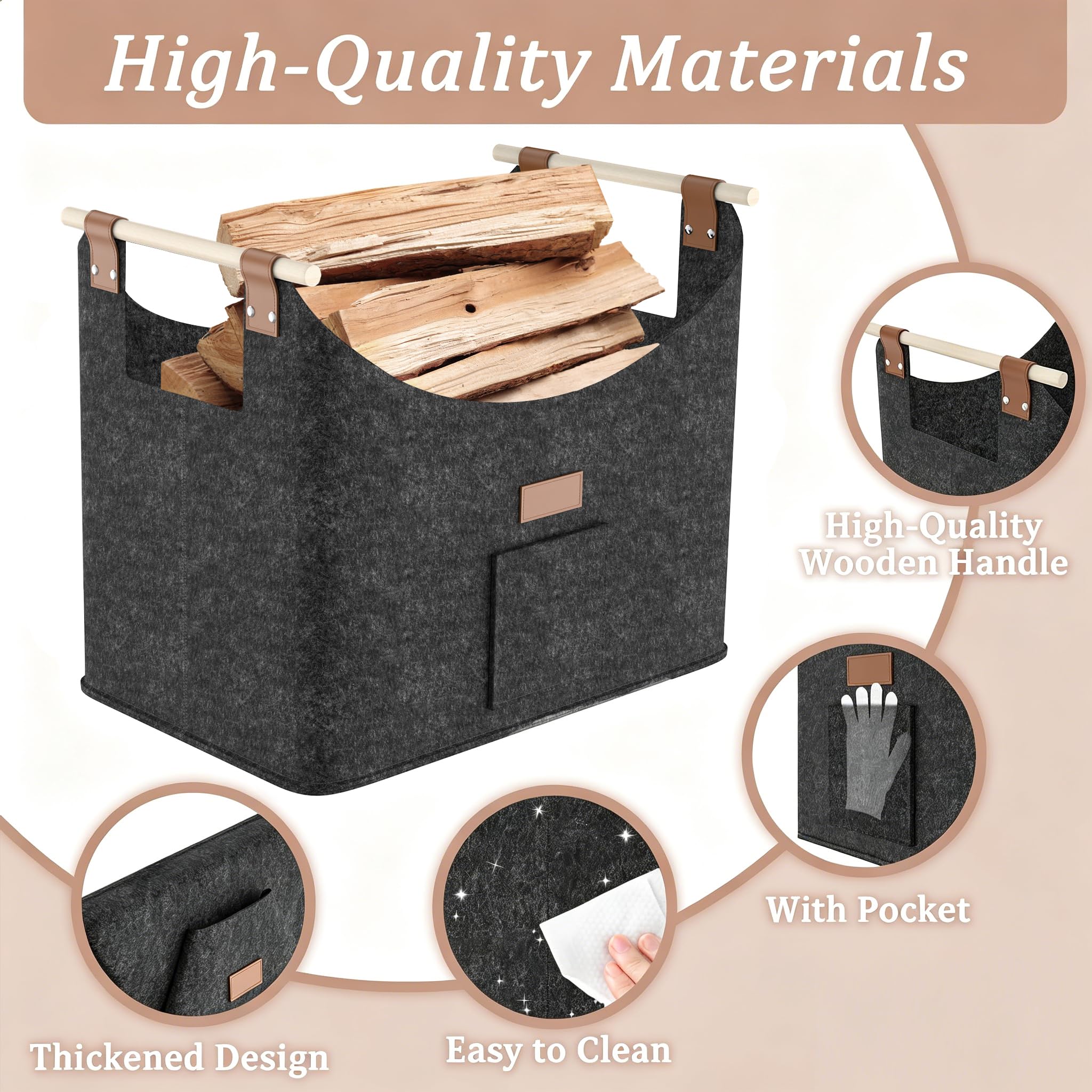4 Stück Groß Filz Holzkörbe 60 Liter Faltbare Einkaufstaschen | Multifunktion Kaminholztasche mit Holzgriff Vliesstoff Aufbewahrung Tasche bis 40KG für Brennholz Einkaufen (Grau)