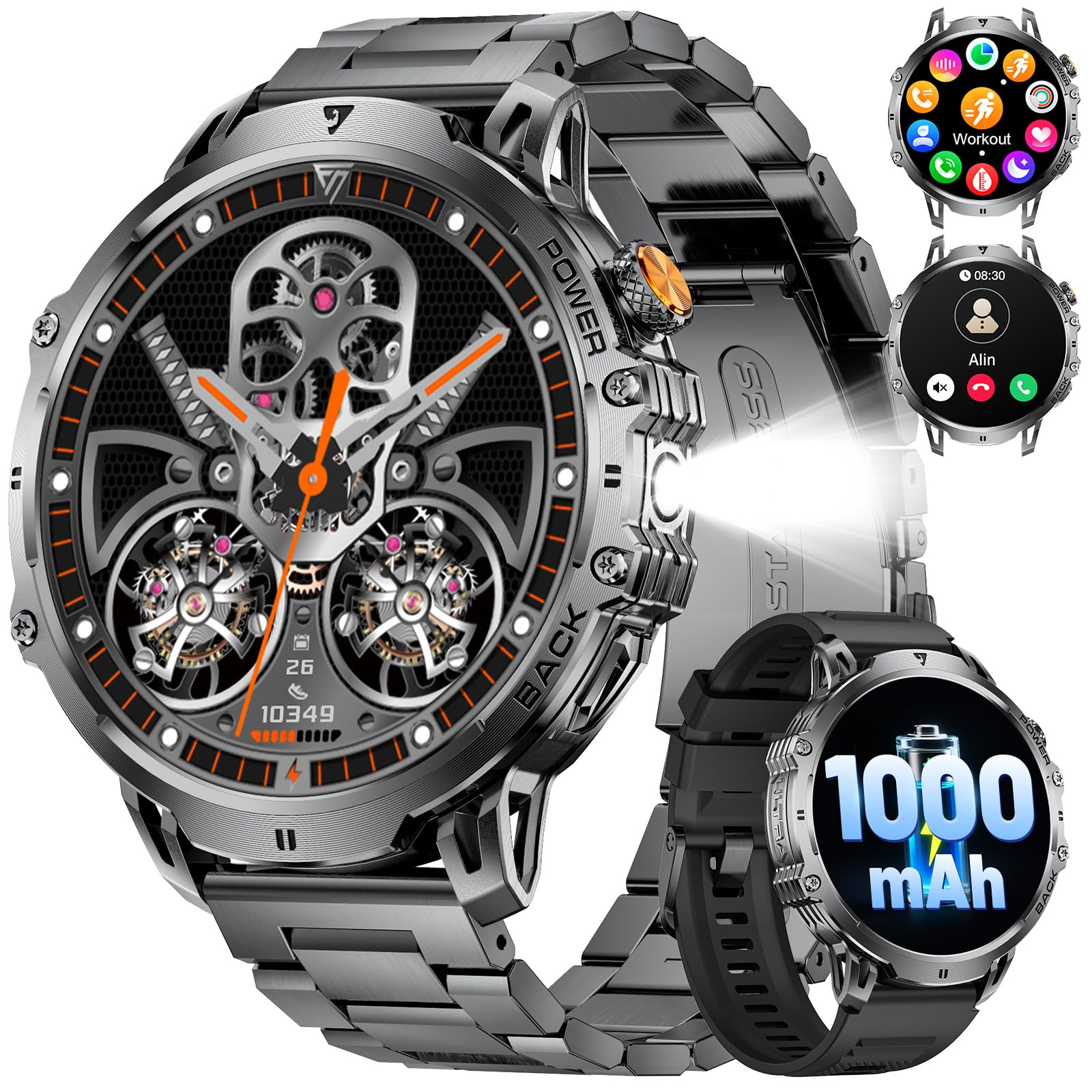 Military Smart Watch for Men, 1.85" HD Large Screen, Bluetooth Call/1000mAh/Flashlight/Heart Rate Sleep Monitor, 110+ Sports Modes Fitness Tracker Watch for Android iOS, Holiday, Black Steel