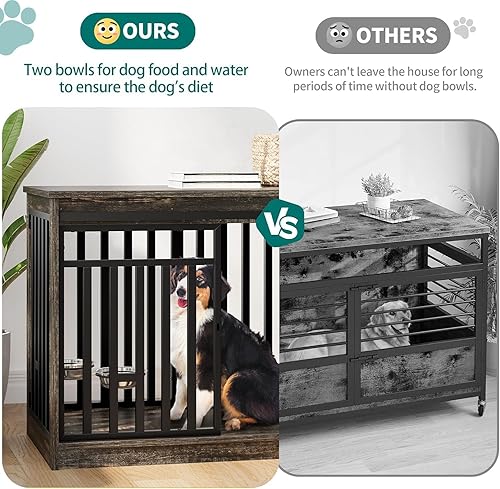 Miniatura 7 de YITAHOME Mueble de jaula para perros grande de 55 pulgadas, soporte de TV de jaula para perros de madera resistente con 2 cuencos para perros,