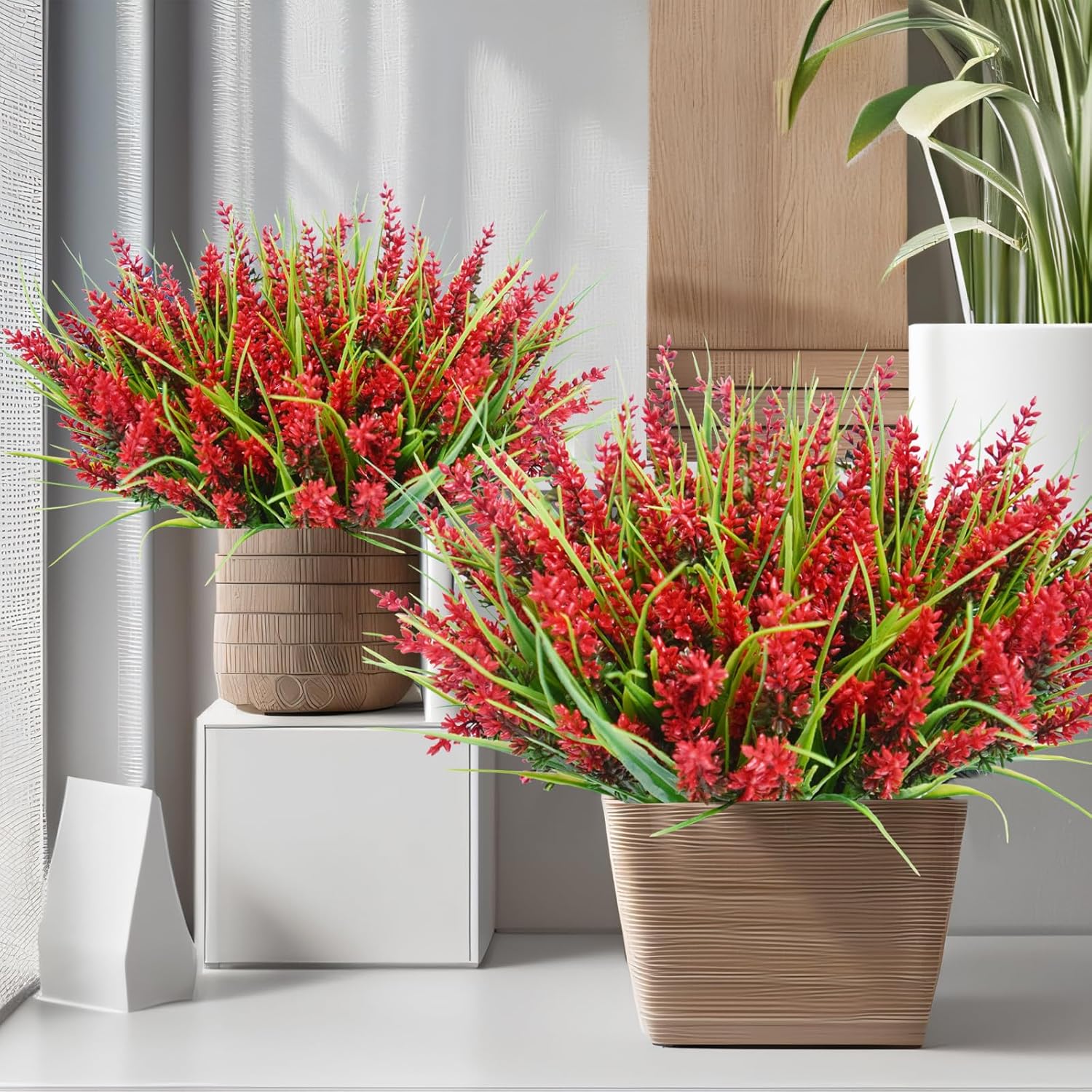 Kinisty 20 Bundles Outdoor Artificial Plants and Flowers, UV Resistant Faux Monkey Grass with Lavender and Fake Plastic Greenery for Spring Summer Outside Planter Porch Garden Decor, Red