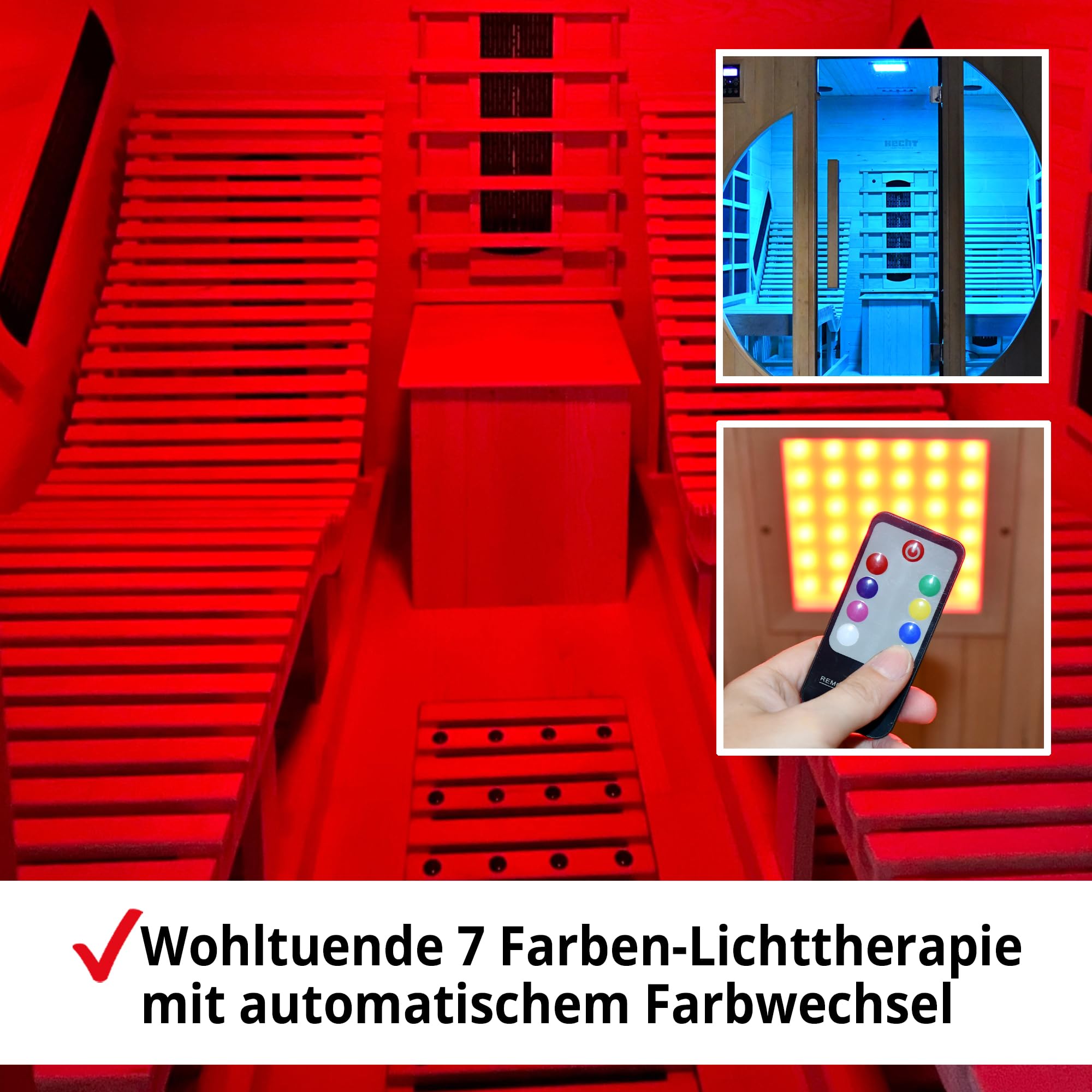 HECHT Infrarotkabine 2 Personen – Sauna mit Keramikstrahlern | 180x180x190 cm Infrarotsauna mit Flächenstrahlern, Farblichttherapie, Relaxliegen, MP3-Player, Radio und Ionisator