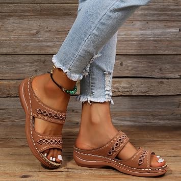 Orthopedic Wedge Sandals for Women Summer Dressy 2025 Flat Open Toe Platform Sandals Casual Boho Slip on Sandals Beach Sandals Dress Shoes Comfortable Outdoor Shoes (1-Brown, 7.5)