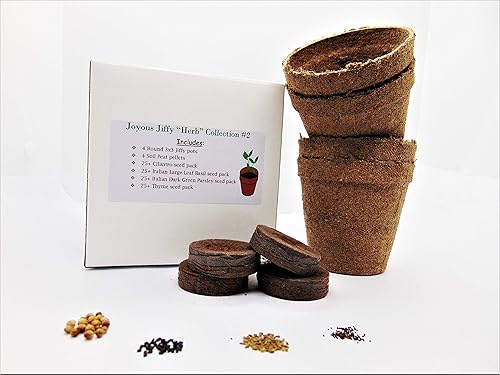 Joyous Jiffy Colección "Herb" #2-(2) macetas redondas de 3 x 3 Jiffy, (2) pellets de turba de tierra (1) 25+ paquete de semillas de cilantro (1) 25+