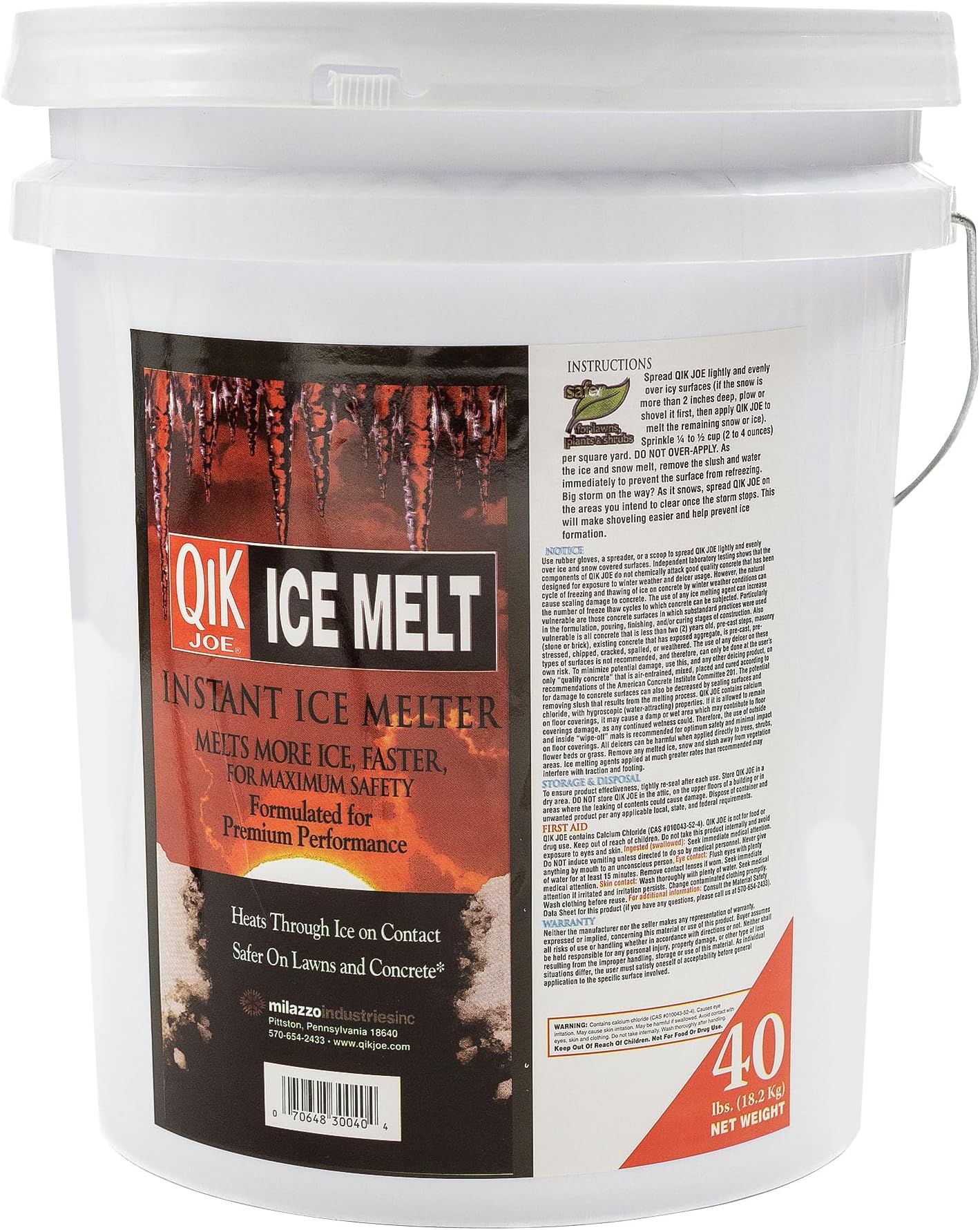 Qik Joe Calcium Chloride Ice Melt - 40lbs Pail - Instant Snow and Ice Melt for Sidewalks, Driveways, Steps, and Parking Lots - Deicer for Concrete, Asphalt, and Other Surfaces