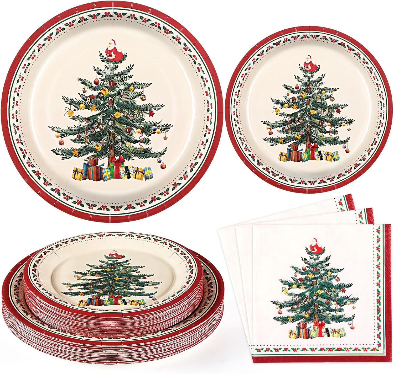 Homlouue 200 PCS Christmas Paper Plates and Napkins Sets, Christmas Tree Plates and Napkins, Holiday Paper Plate and Napkin Sets for Xmas Party Supplies Dinner Winter Decorations, Xmas Plate