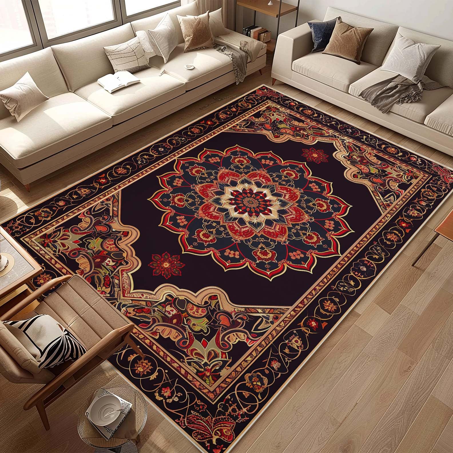 Area Rug 4x6 Boho Black Red Vintage Large Carpet Non Slip Washable Indoor Rugs for Home Kitchen Living Room Bedroom Dining Room Office