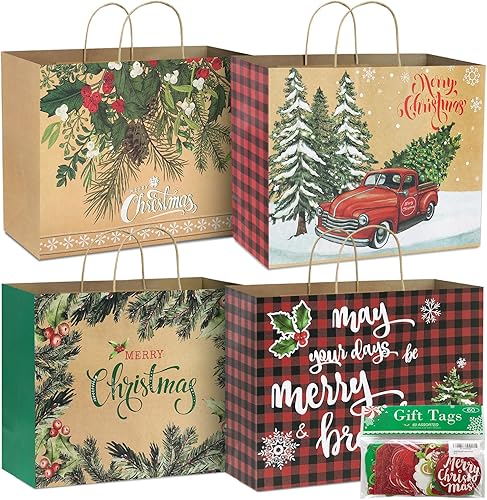 Miniatura 7 de 12 bolsas de papel de regalo de Navidad extra grandes a granel con asas y 60 etiquetas de regalo de Navidad, 6 diseños, juego de sacos de gran