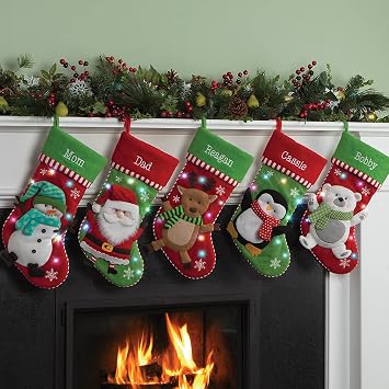 Personalized Planet Snowman Christmas Stocking with LED Lights and Custom Name Embroidery | 3-D Character Stocking with Colorful Twinkling Lights | Green Cuff | Festive Home Decor | Ready to Hang