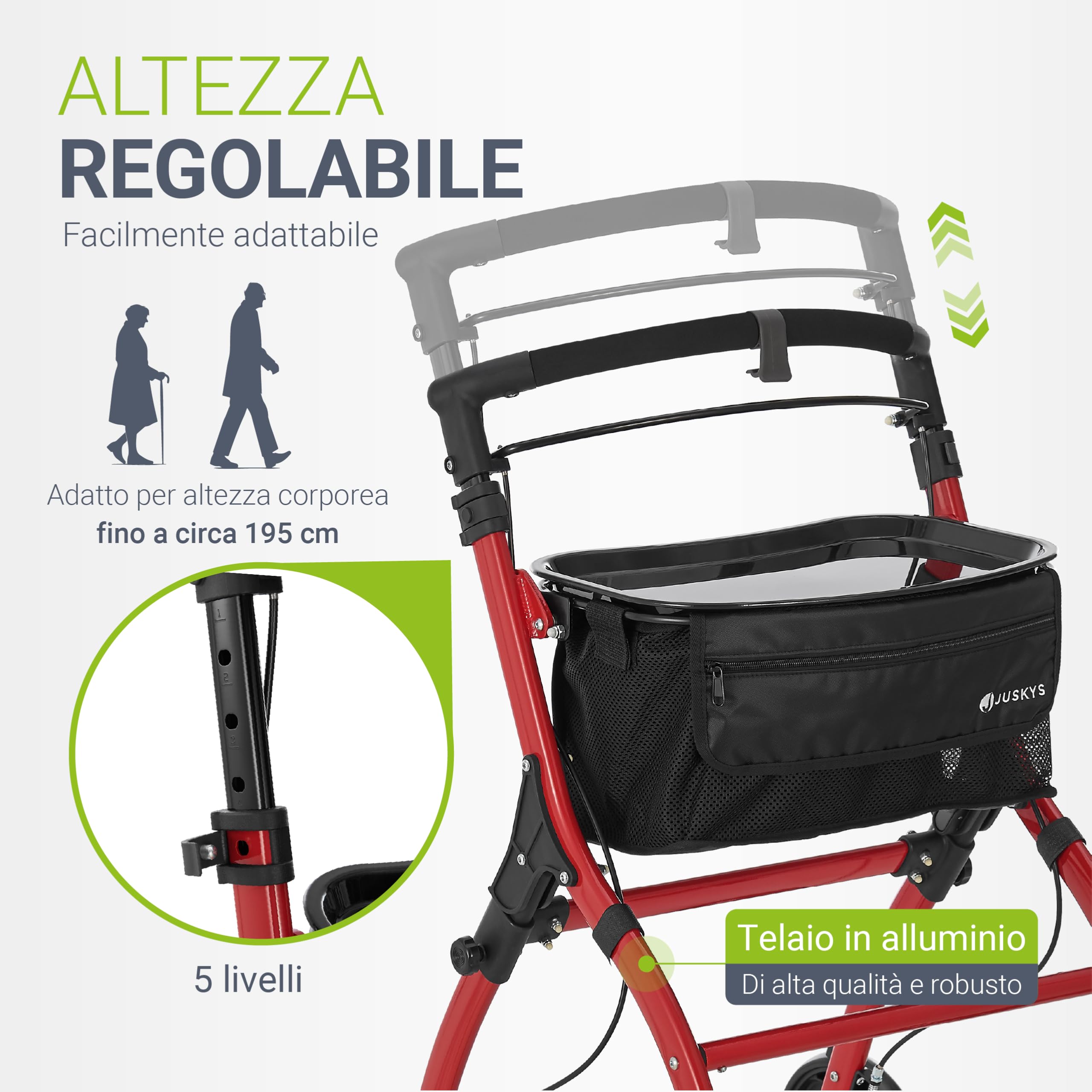 Juskys Deambulatore da Interno in Alluminio con Vassoio & Borsa - Rollator Leggero, Stretto & Pieghevole - Rosso