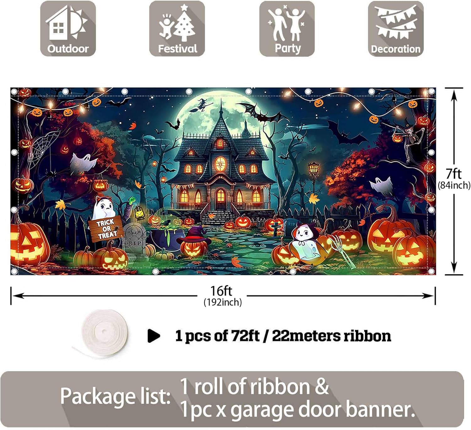 ZTHMOE 1PC 16x7ft Cartoon Halloween Garage Door Banner Decorations Full Moon Night Huanted House Pumpkin Photography Backdrop Outdoor Wall Cover Trick or Treat Party Supplies