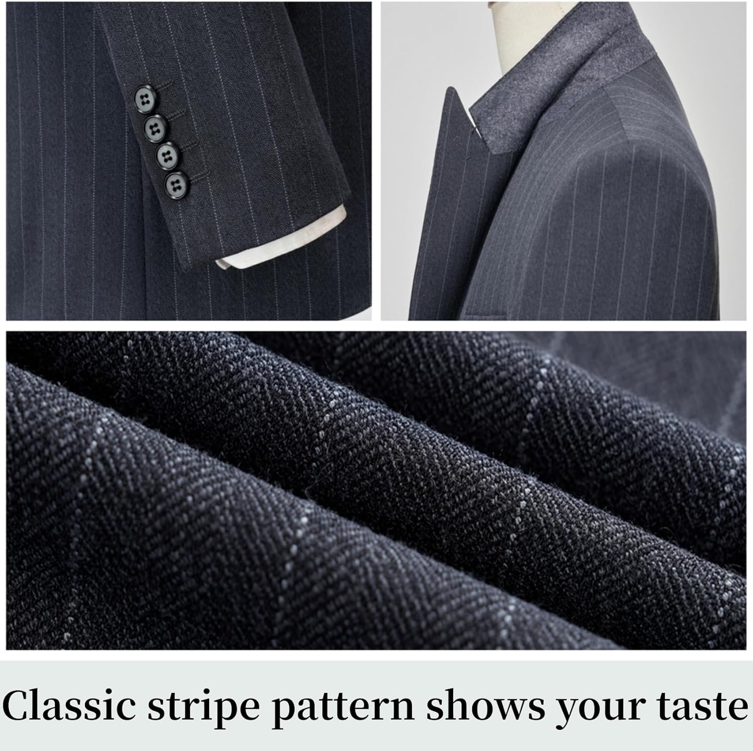 Mens Pin Stripe Suit 3 Piece Classic Business Suits for Wedding Prom Tuxedo Jacket Vest Pants Two Button - Image 2