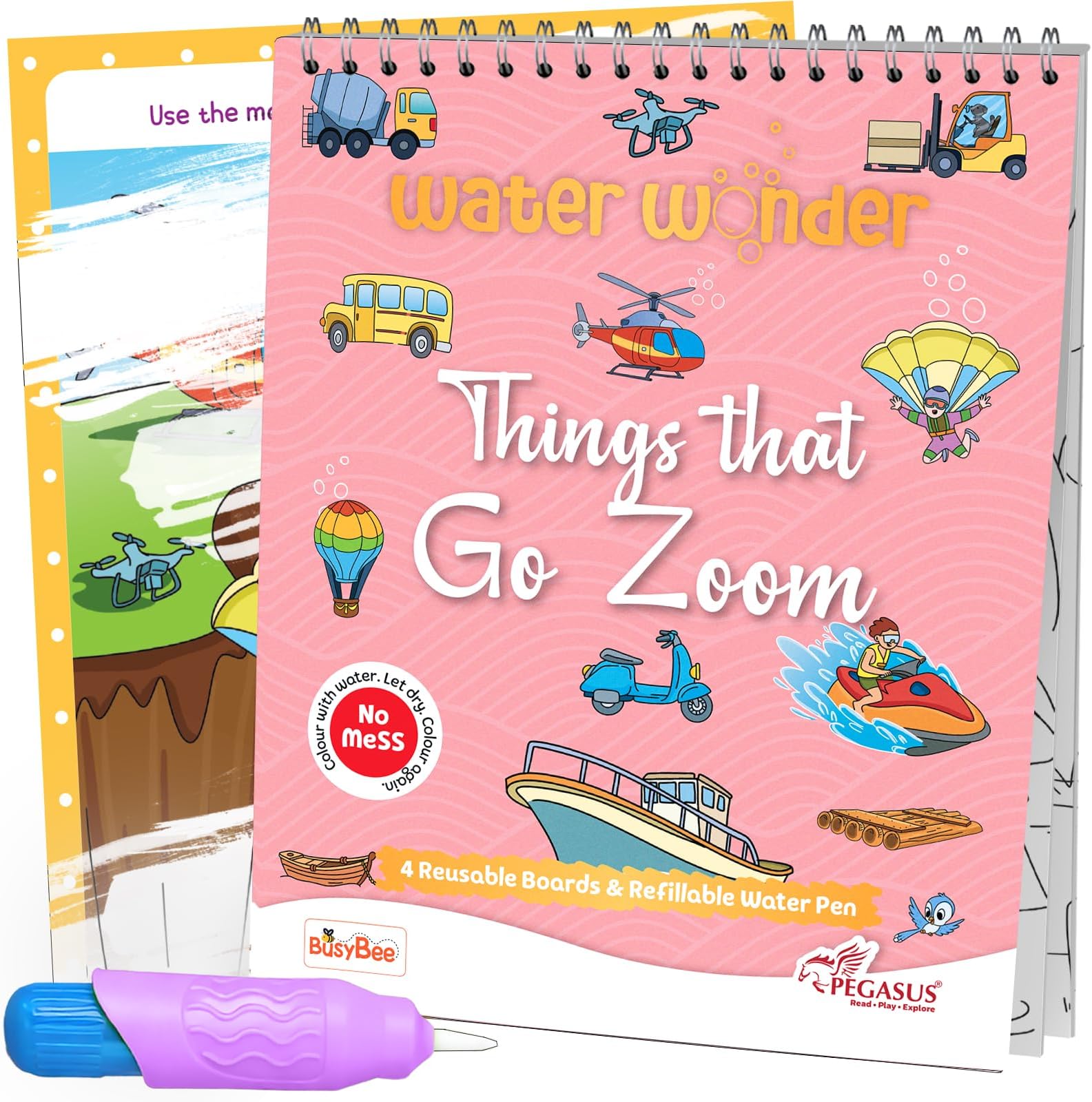 Reusable Magic Water Coloring Book For Kids, Educational Fun Time for Kids, Mess-Free Art with Quick Dry Technology (Vehicles Theme | 4 Reusable Coloring & Activity Boards | 1 Refillable Water Pen)
