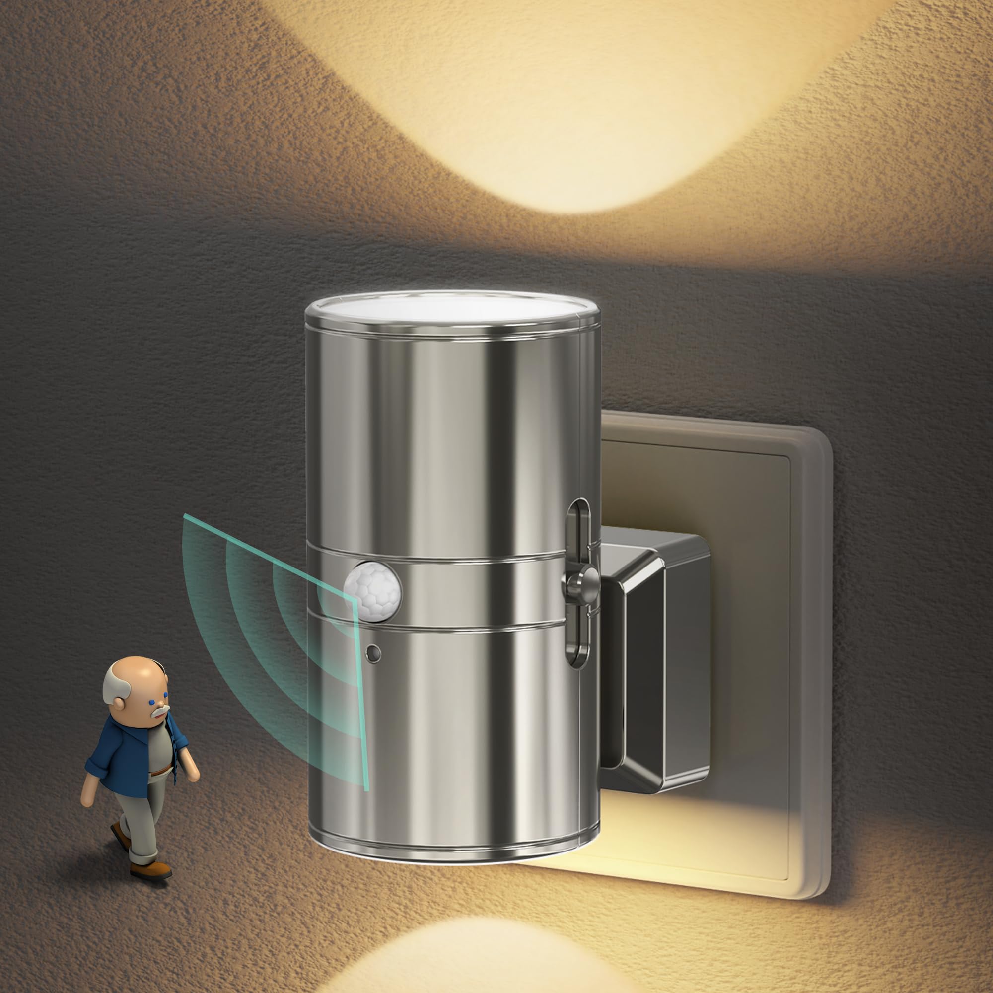 JandCase Nachtlicht Steckdose mit Bewegungsmelder, Nachtlicht Kinder mit 3 Modi (AUTO/AUS/EIN), Helligkeit Einstellbar 0-100LM, 3000K Warmweiß, Steckdosenlicht für Treppe Schlafzimmer Küche, Silber