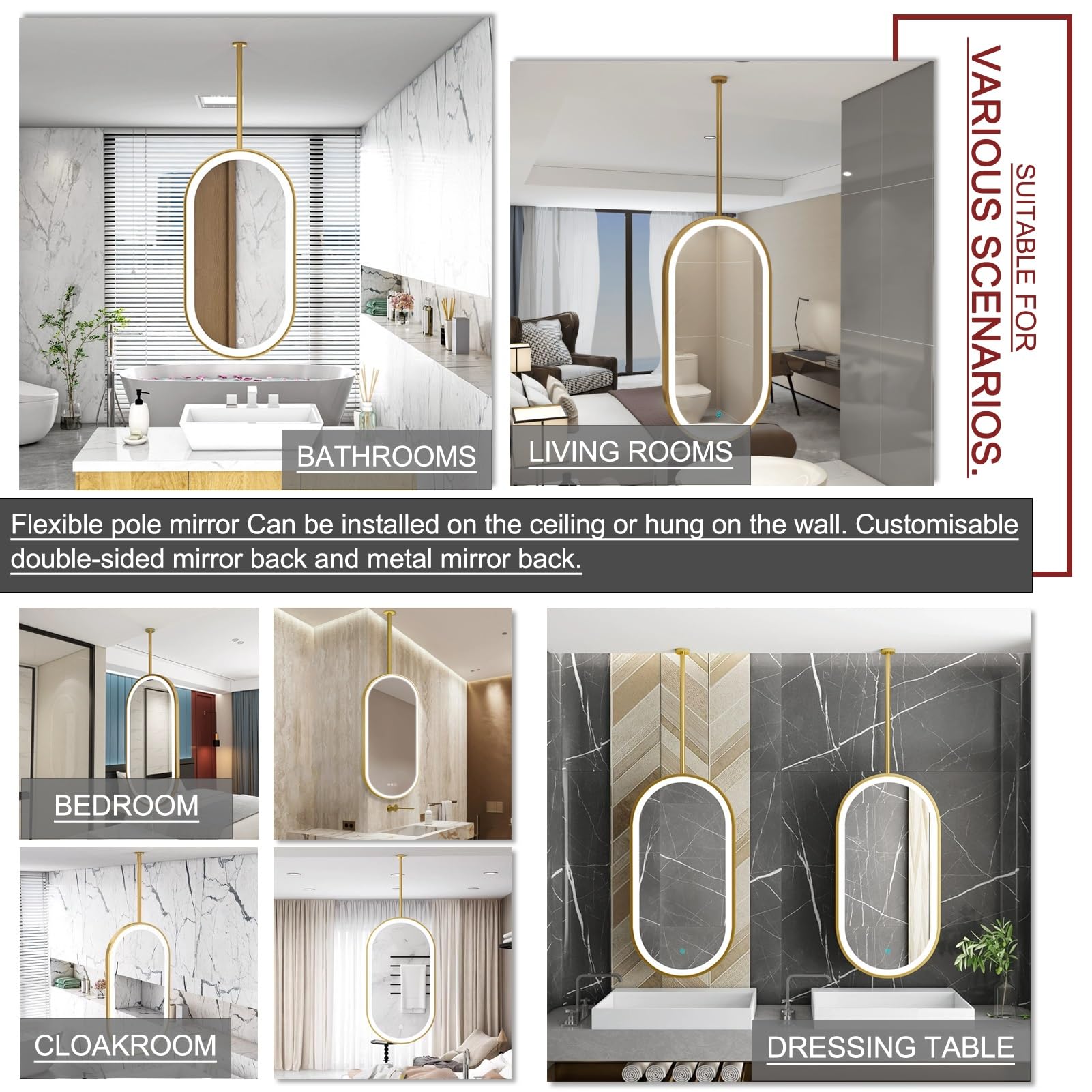 Specchio Ovale da Bagno con luci LED, Specchio a soffitto in Vetro temperato HD, Specchio da Parete per Trucco in Bagno, Camera da Letto, Soggiorno, Oro (40 cm x 70 cm)