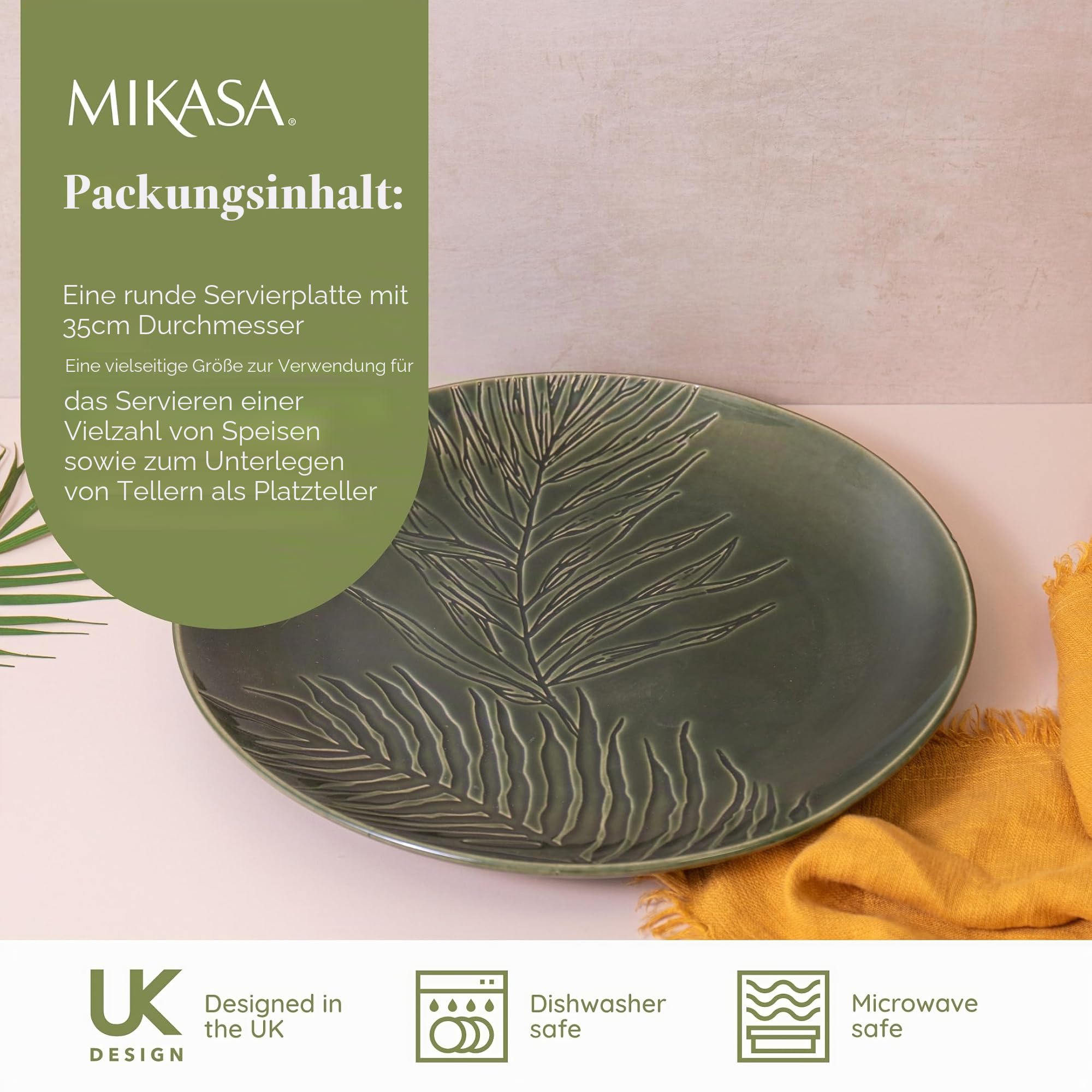 Mikasa Jardin Runder Servierteller, Grüner Steingut Servierteller für Lebensmittel, 35cm, Großer Servierteller für Vorspeisen & Antipasti - Geschenkkarton & spülmaschinenfest