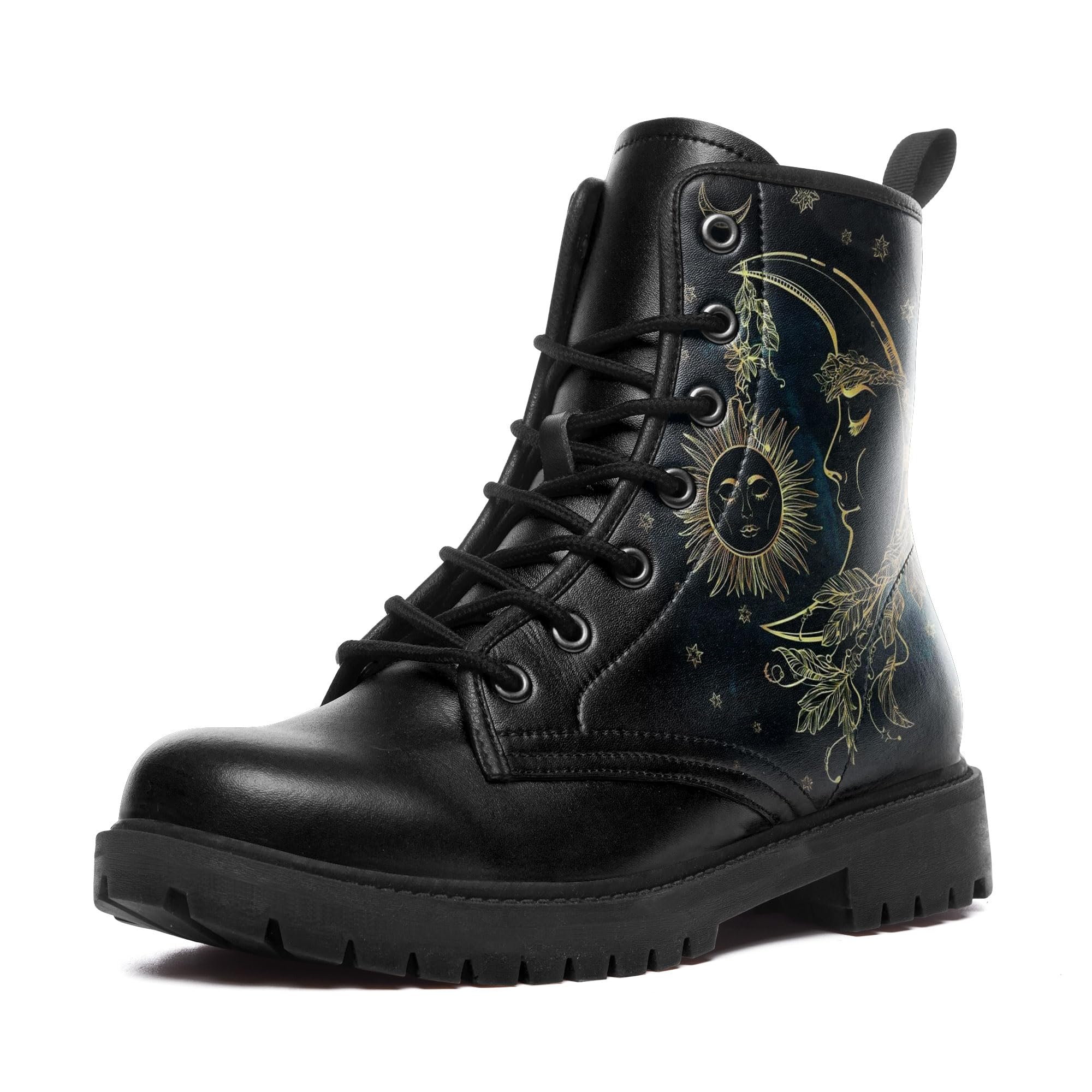 Womens Celestial Combat Boots Sun And Moon Vegan Leather Ankle Booties Fashion Gothic Boho Lace Up Chunky Platform