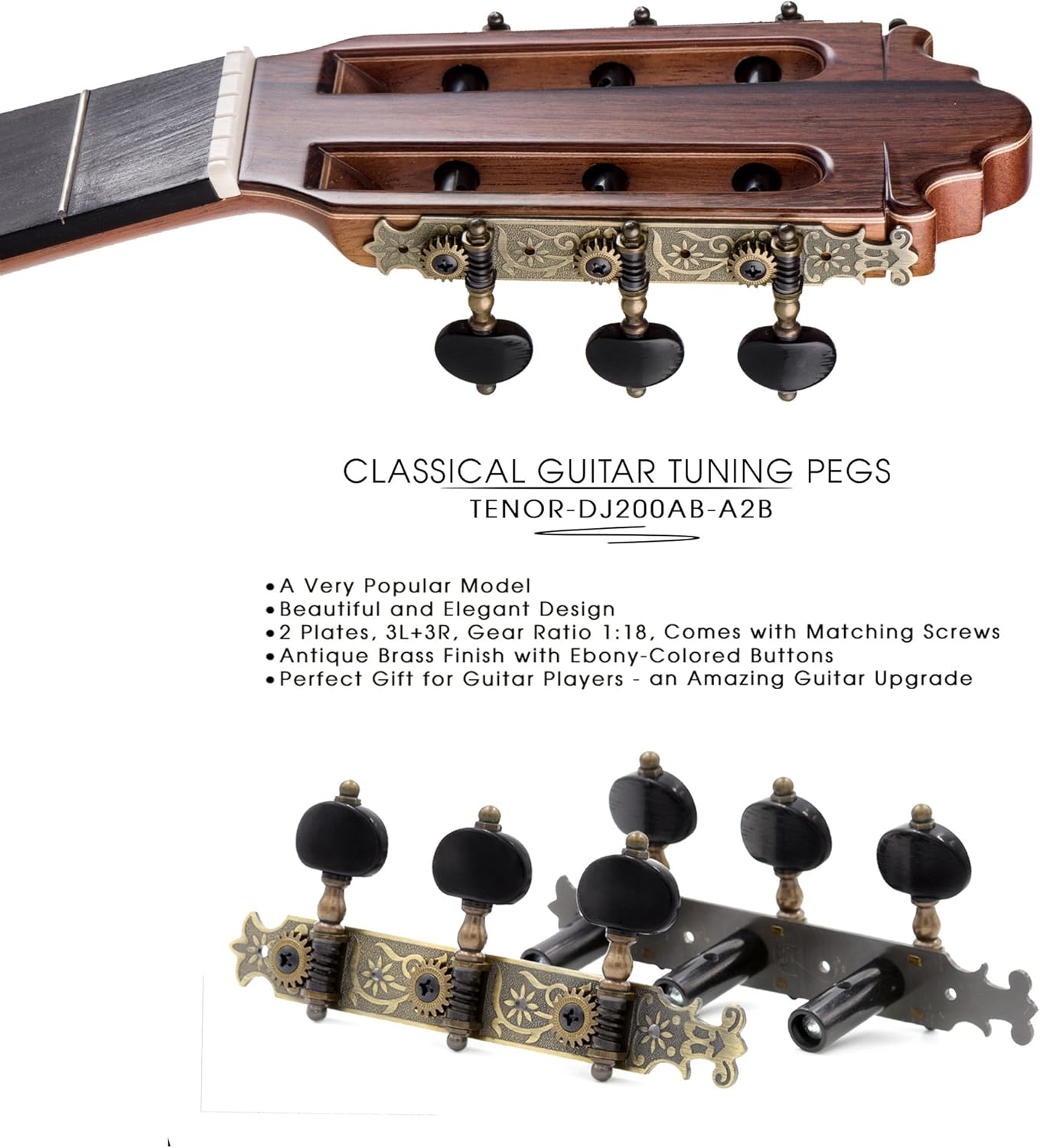 DJ200AB-A2B TENOR Classical Guitar Tuners Professional Tuning Key Pegs/Machine Heads for Classical or Flamenco Guitar with Antique Brass Finish and Ebony Colored Buttons.