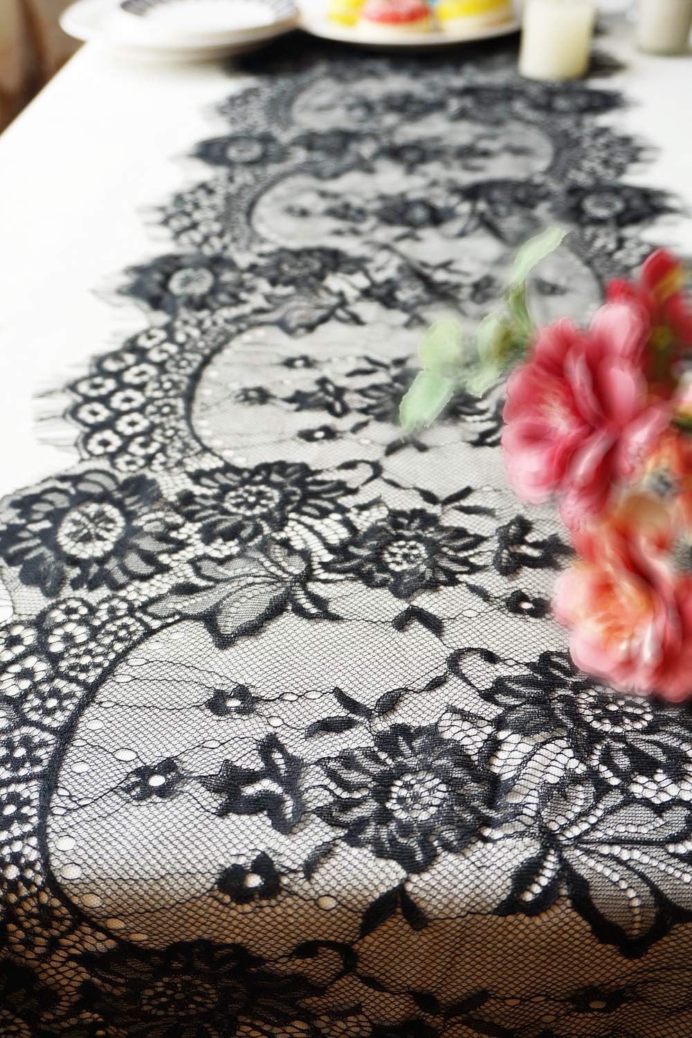 Letjolt 14 x 120 Inches Black Lace Table Runner Decoration Anniversary Embroidered Doilies Party Supplies Vintage Lace Centerpiece Theme for Boho Wedding Bridal Baby Shower Decorations