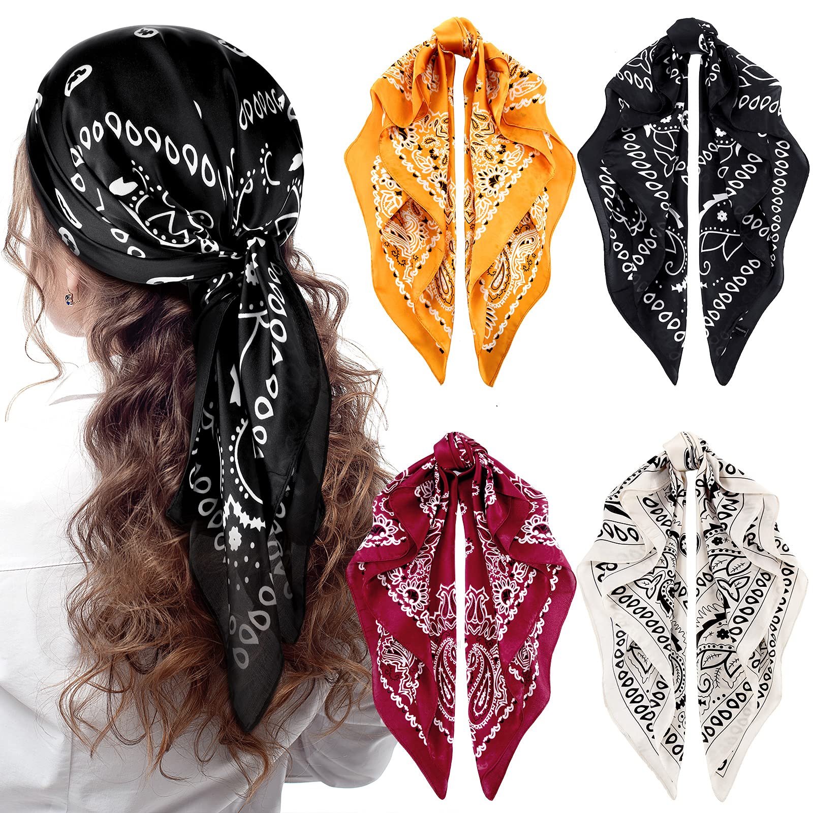 Syhood 4 Pcs 27'' Square Satin Head Scarves Satin Bandanas for Women Headband Scarves Silk Feeling Scarf Boho Headwear, Black, Wine, Yellow, Beige, 70 x 70 cm