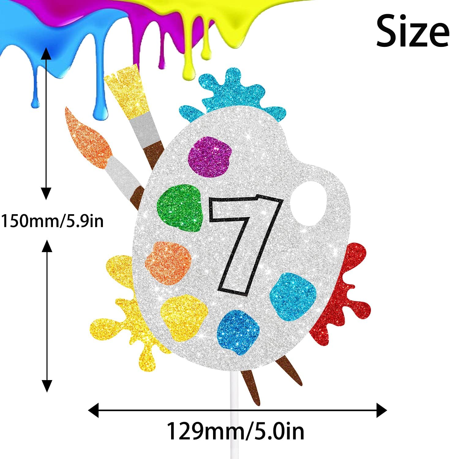 7th Slime Cake Topper - Art Themed Palette Painting Graffi Boy Girl Happy Birthday Party Decorations Supplies - Seven Years Old Birthday Cake Decor