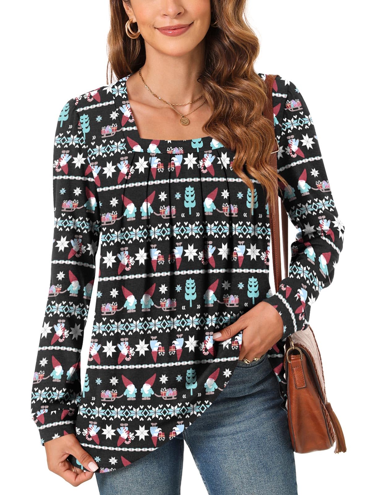 Anyally Womens Plus Size Long Sleeve Tunic Tops Pleated Square Neck Casual Loose Fit Blouse Shirt for Leggings