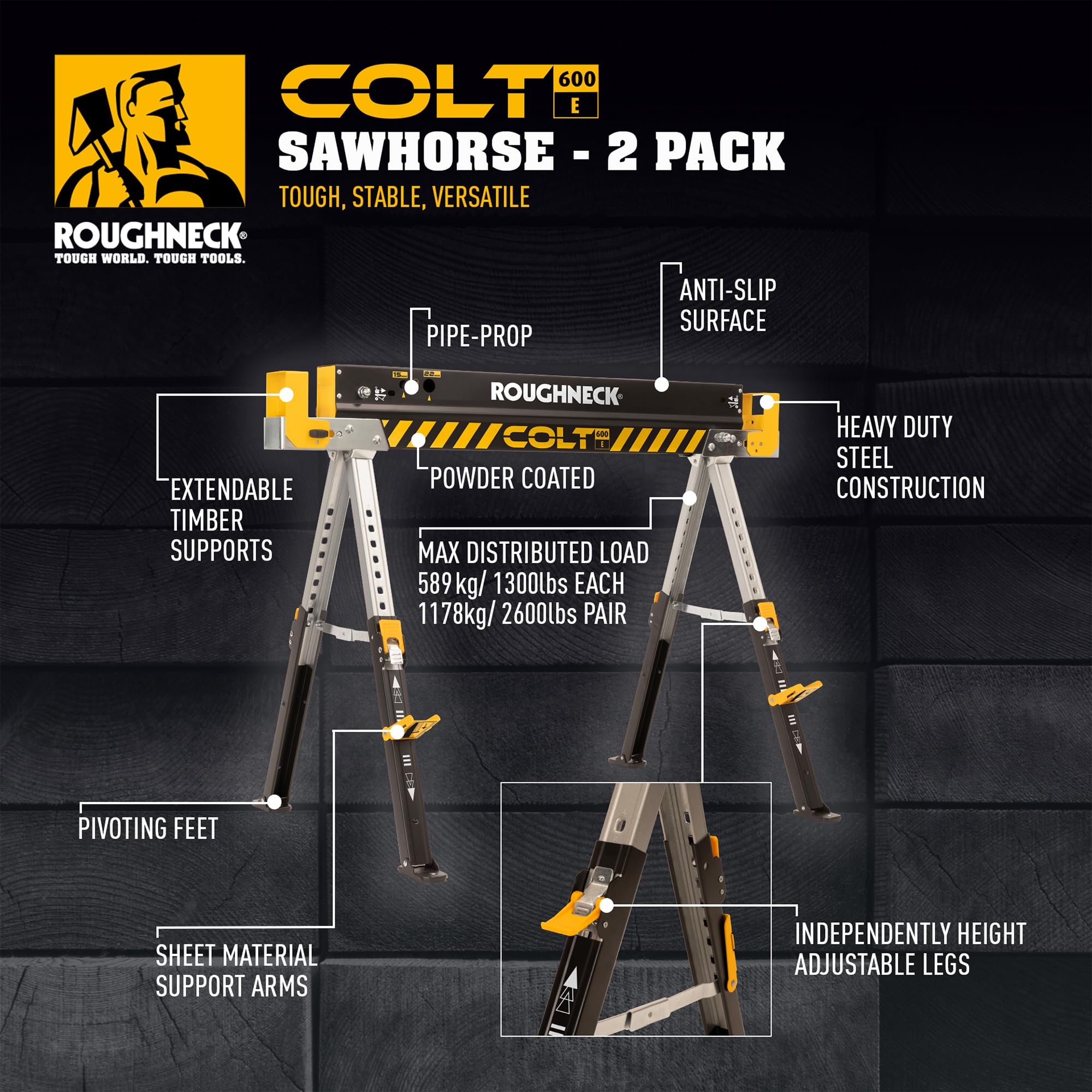 ROUGHNECK® COLT 600E Sawhorse, Heavy Duty Steel Construction, Weight-Baring Capacity 589kg each, 1178kg Per Pair with Height Adjustable Legs for Woodworking & Construction – 2 Pack