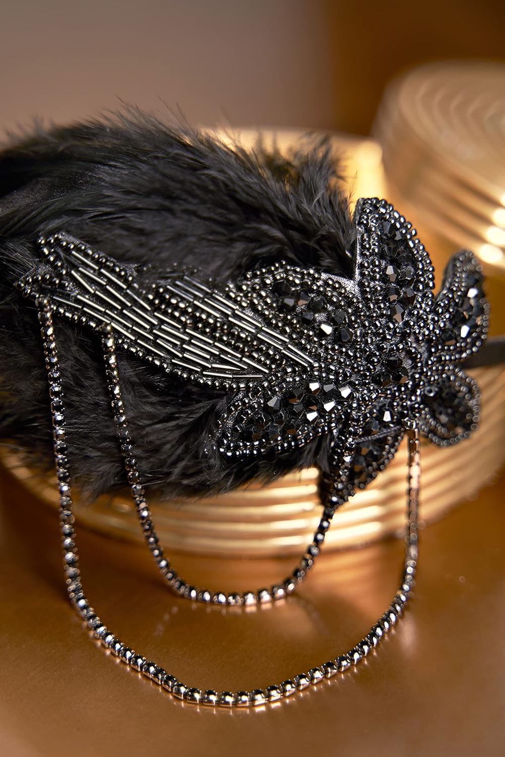 BABEYOND 1920s Flapper Headband Feather Beaded Headpiece Roaring 20s Great Gatsby Hair Accessory for Party (Black) - Image 5