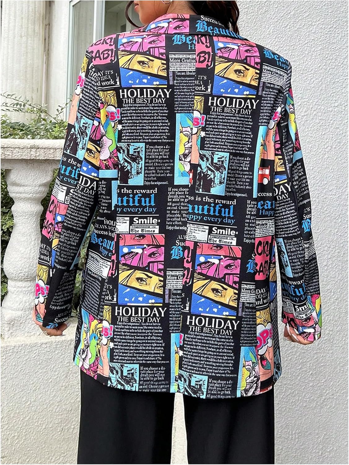 WDIRARA Women's Newspaper Print Single Button Blazer Lapel Collar Long Sleeve Work Office Jacket - Image 2