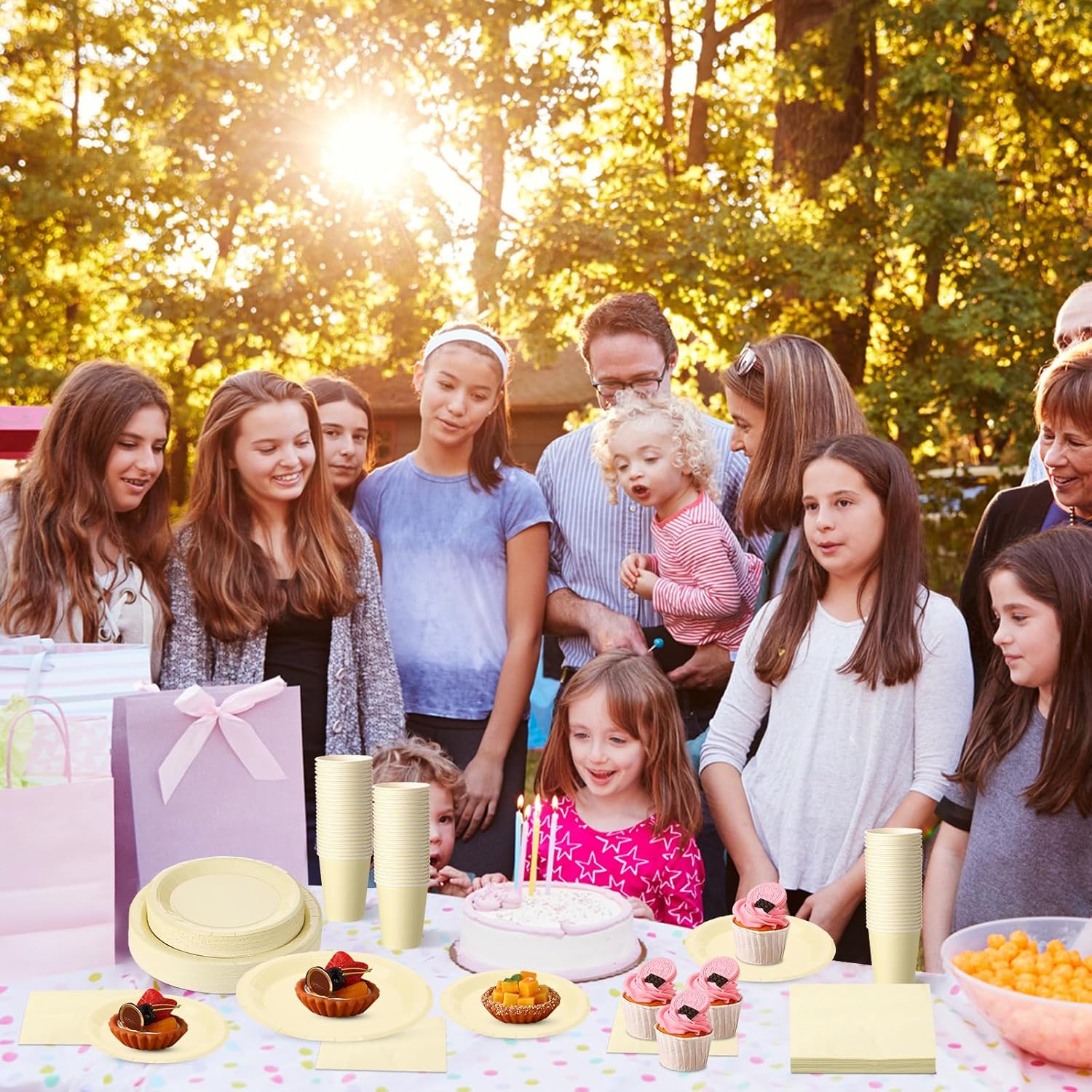 Tioncy 200 Pcs Yellow Disposable Paper Plates Cups and Napkins Party Supplies Serve 50 Guests Disposable Paper Dinnerware Set for Birthday Wedding Baby Shower Family Picnic