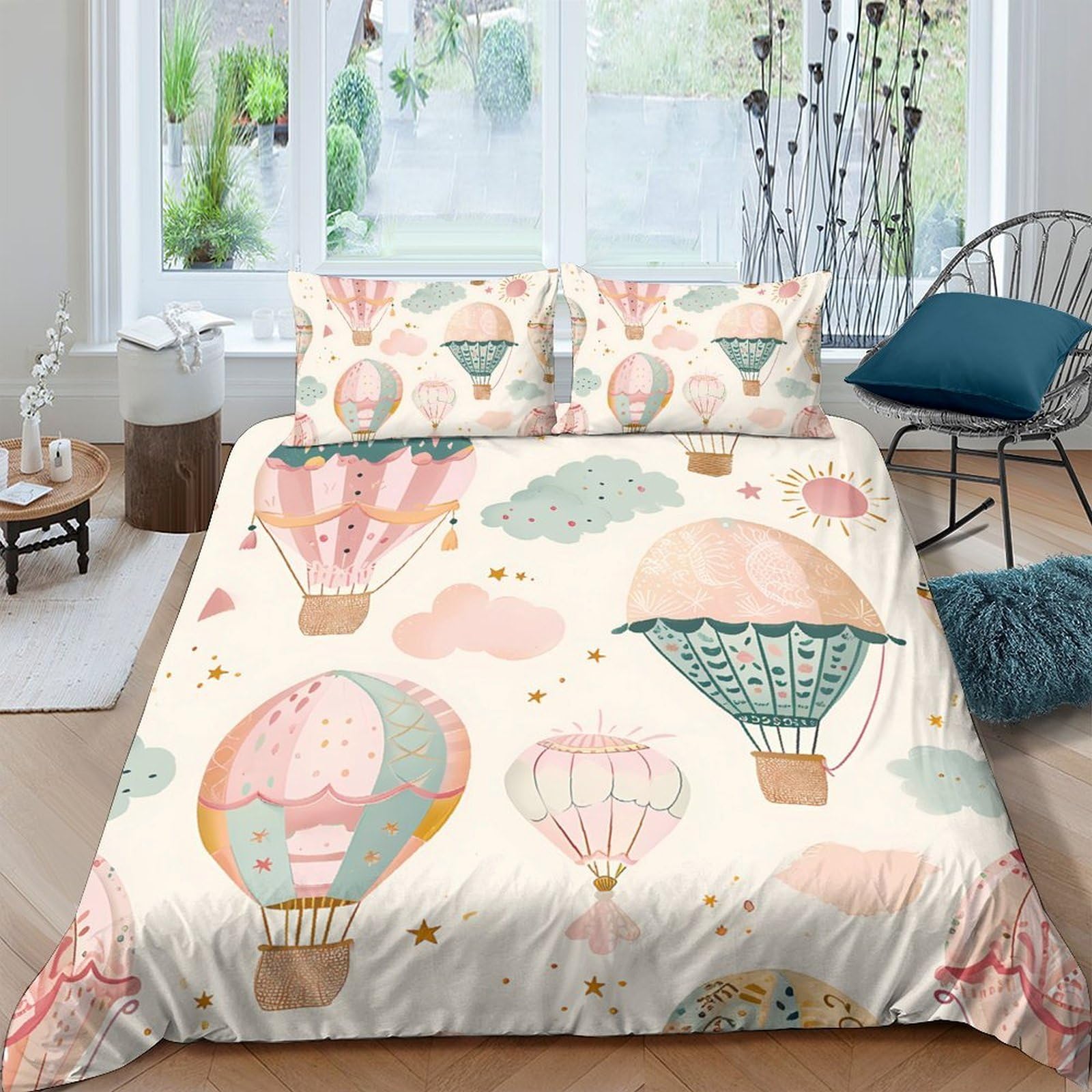 Ctjqhvkz Style-4 3D Printed Hot Air Balloon Fitted Sheet Microfiber Soft Pastel Clouds Bed Cover For Bedroom Decor Protection Single（135X200cm）