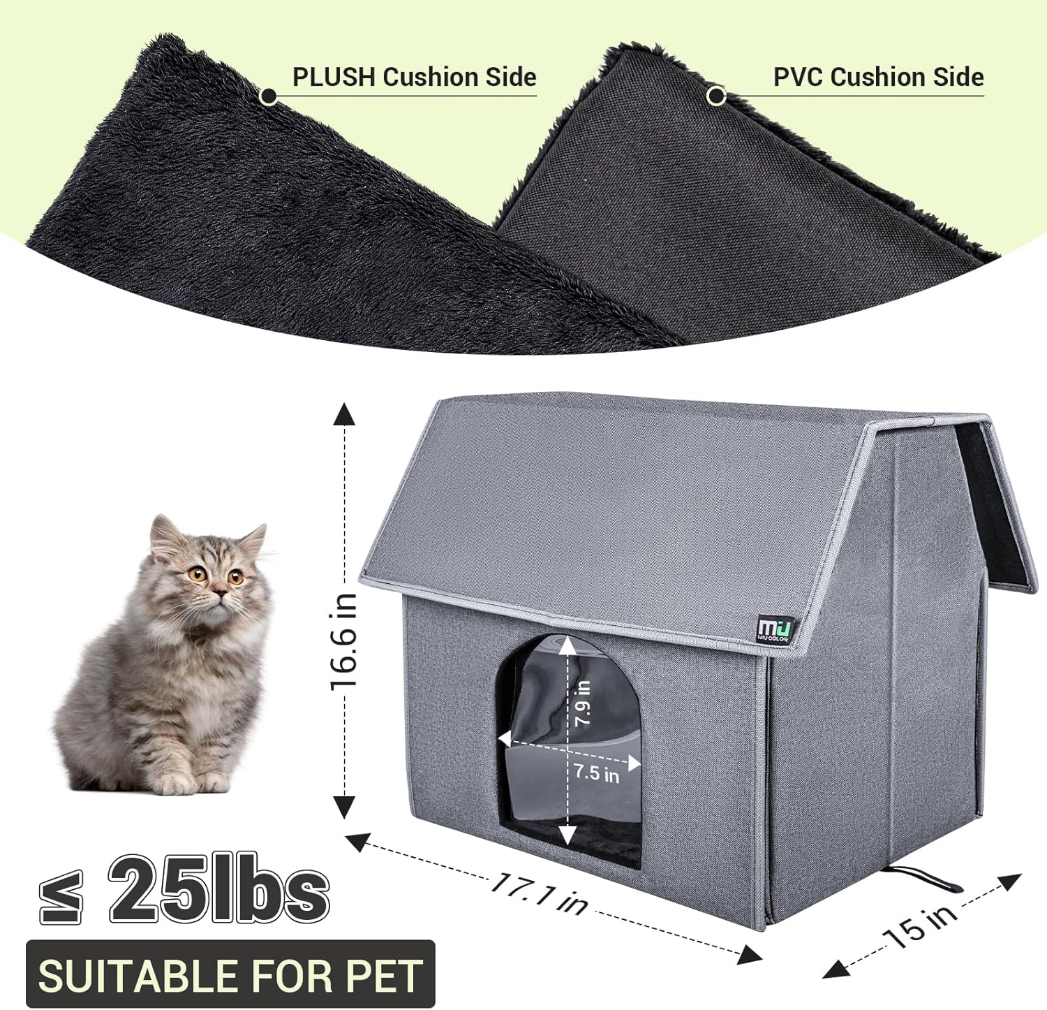 MIU Color Outdoor Cat House, Large Weatherproof Cat Houses for Outdoor Cats, Insulated Feral Cat Shelter with Removable Soft Mat, Easy to Assemble, 17.1" x 15" x 16.6" inch