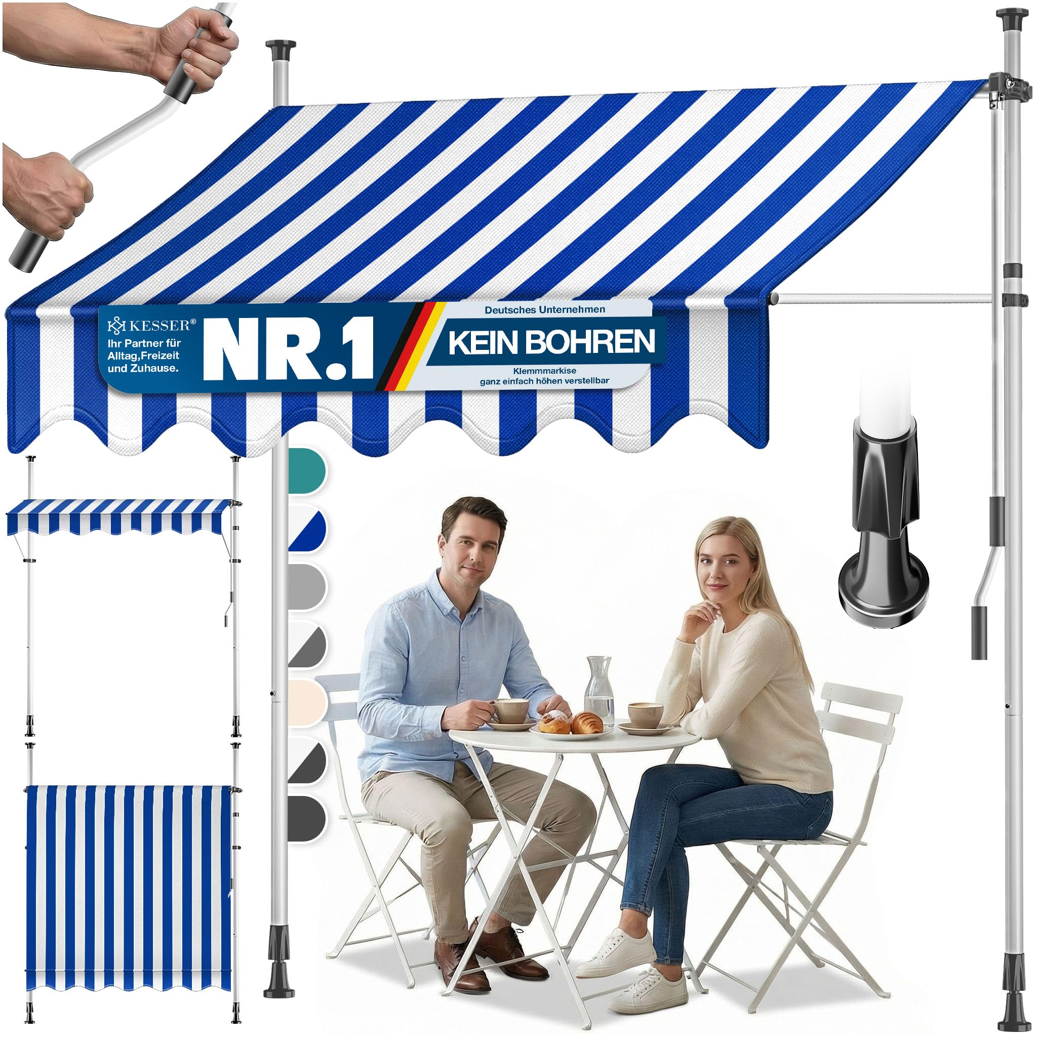 KESSER® Klemmmarkise mit Handkurbel Balkon | Balkonmarkise ohne Bohren | Markise UV-beständig höhenverstellbar & wasserabweisend | Sonnenschutz für Balkon Terrasse & Garten, Terrassenüberdachung 400cm