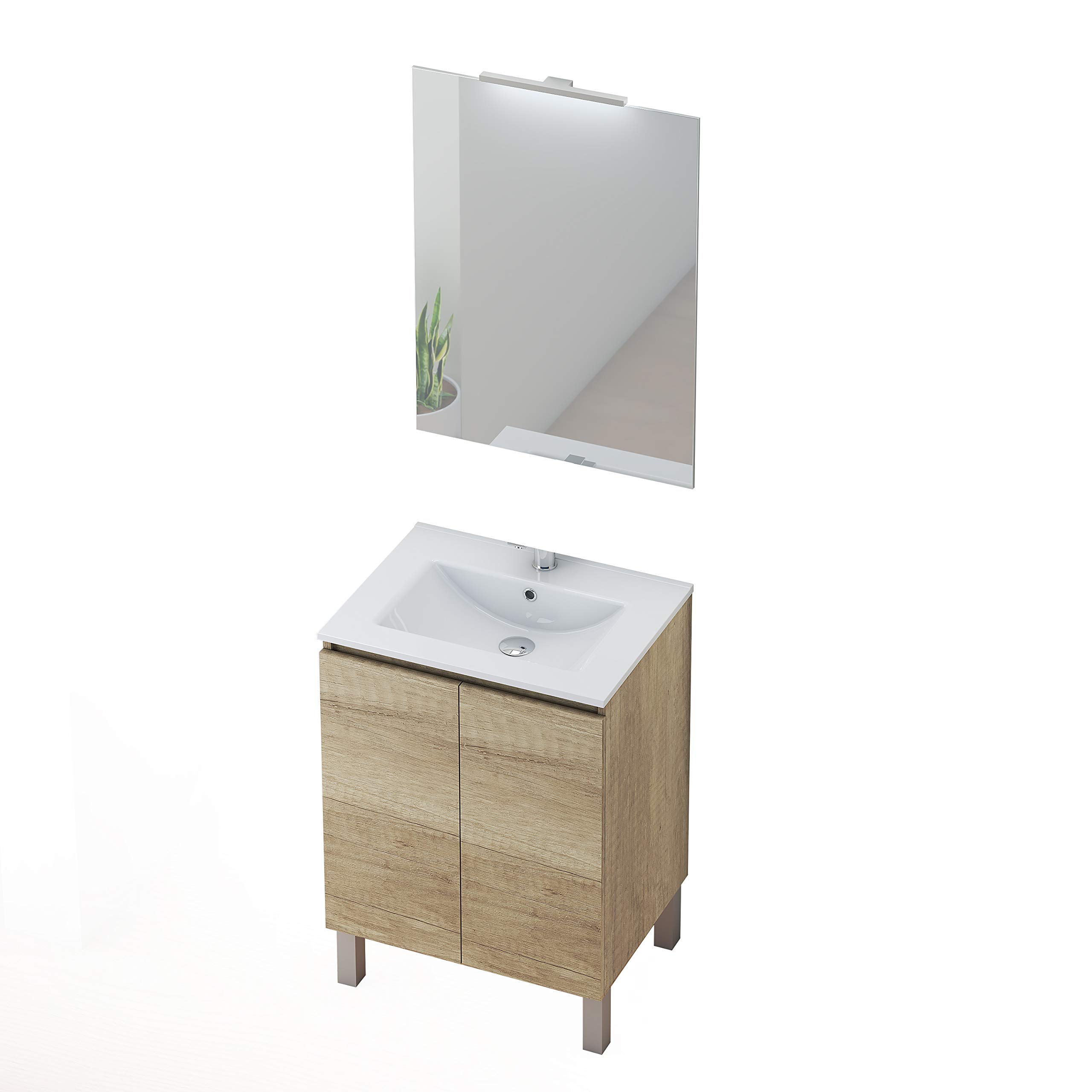 Baikal Conjunto Mueble de Baño con Lavabo y Espejo con Aplique LED con Patas, en Varios Acabados, Melamina 16. 2 Puertas 60 cm Nature
