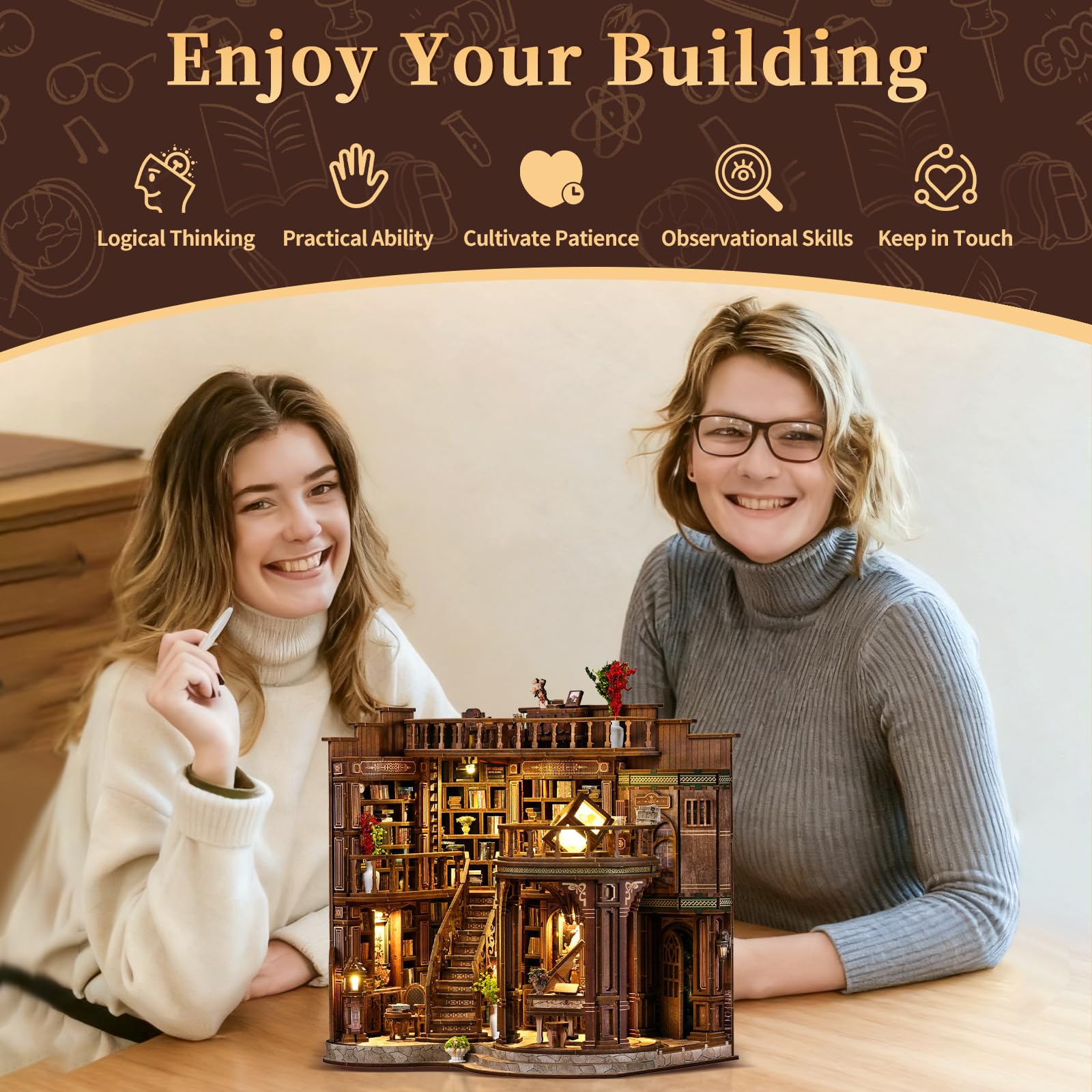 Casa Delle Bambole Kit, 3D in Legno Modellismo da Costruire con Luce Led, Casa in Miniatura DIY per Adulti, Regali Creativi Artigianali di Natale per il Compleanno (Sala dei libri da sogno)